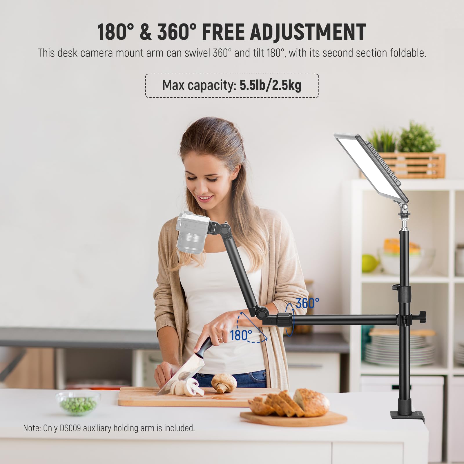 Neewer Overhead Camera Mount Arm With Phone Clip, 22''/56Cm 180&360 2 Section Flexible Holding Arm For Desk Stand, Fits 0.87'' 1