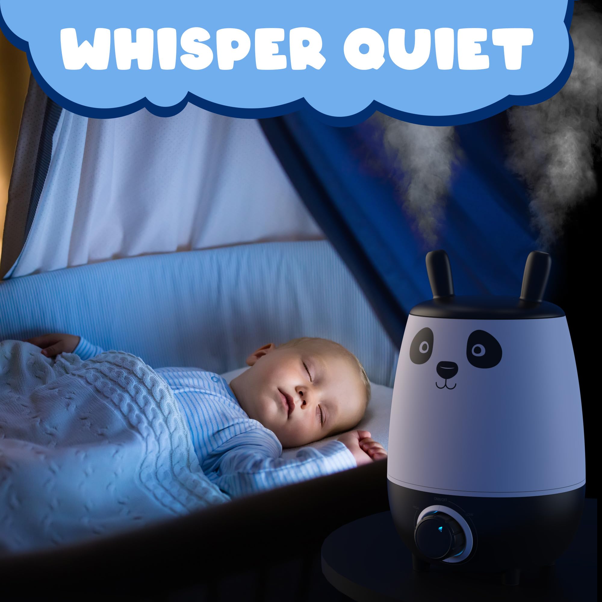 Everlasting Comfort Panda Baby Humidifier, 2.5L Top Fill Whisper Quiet Humidifier For Baby Nursery & Kids Bedroom, Easy Clean &