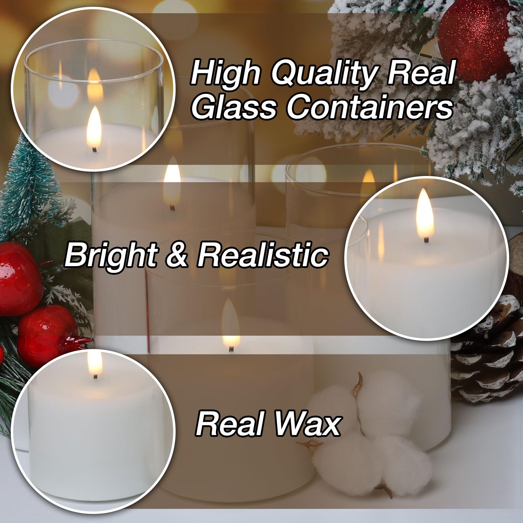 Eywamage Clear Glass Flameless Pillar Candles With Remote, Flickering Battery Led Wax Candles F 3'' H 4'' 5'' 6''