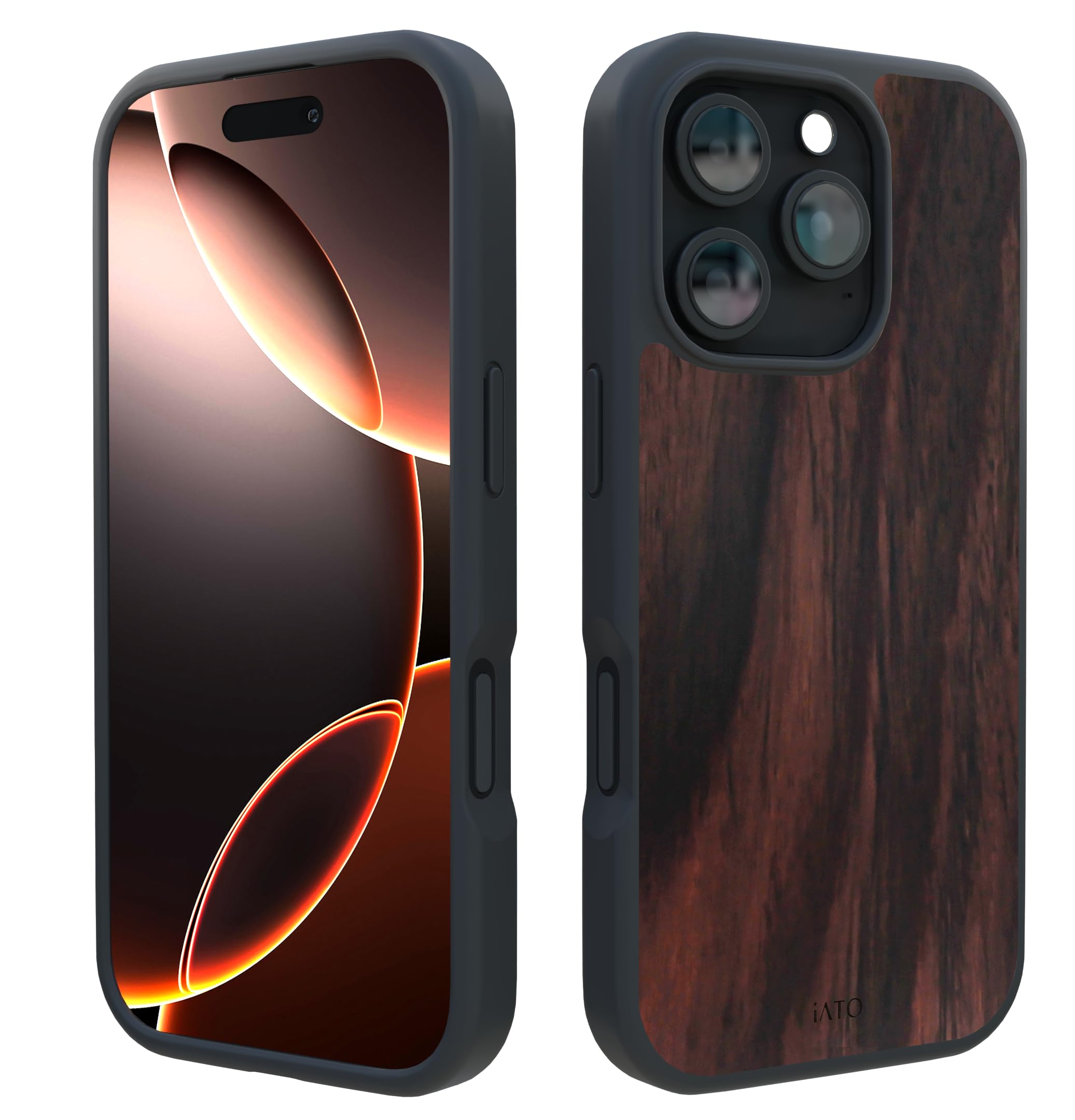 iATO iPhone 16 Pro Case MagSafe, Real Black Ebony Wood (6.3-inch) - Slim Protective TPU, Strong Magnet Ring, Raised Screen & Cam