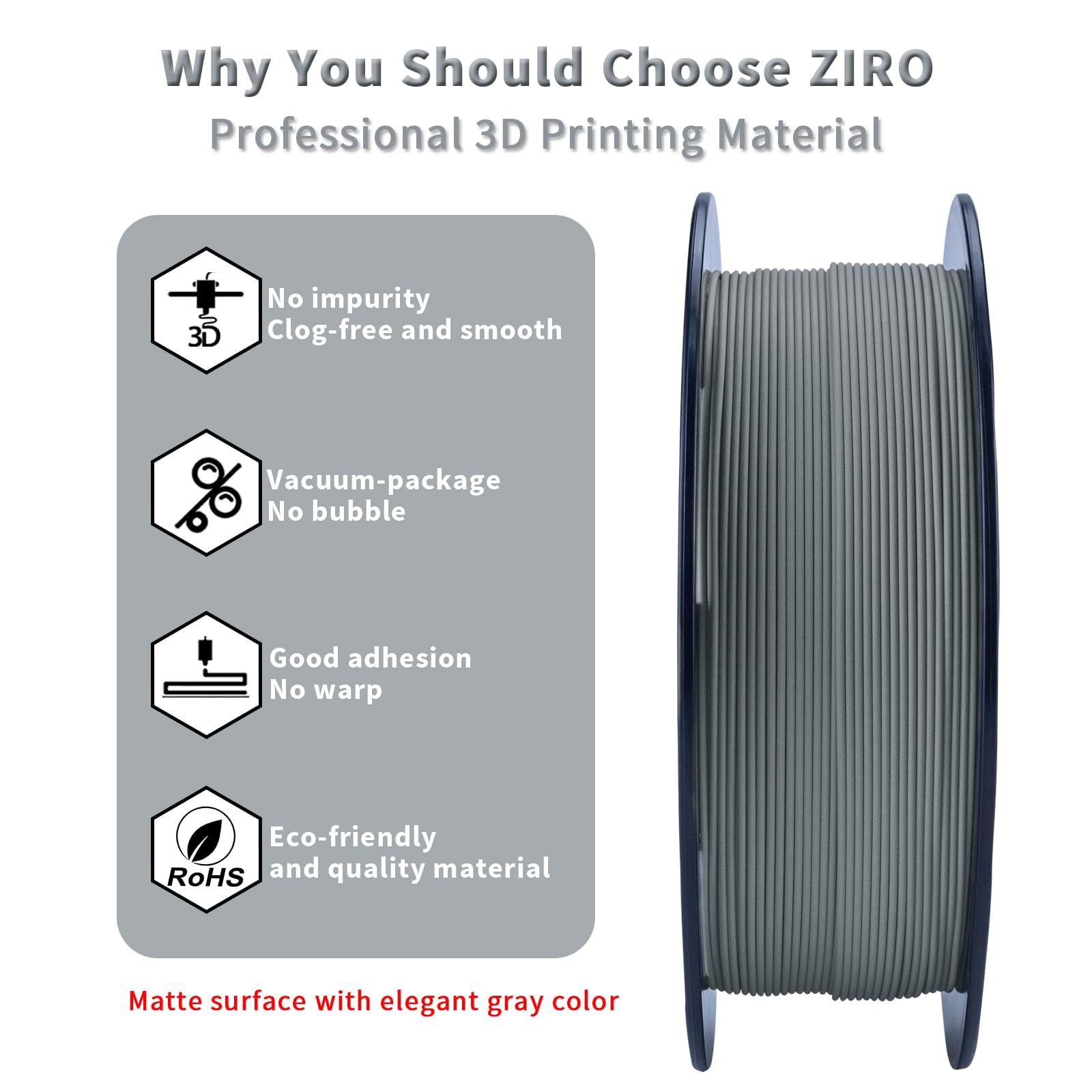 Ziro Matte Pla Filament 1.75Mm,1Kg 3D Printer Filament,High Toughness Pla,Dimensional Accuracy +/- 0.03Mm, Matte Gray