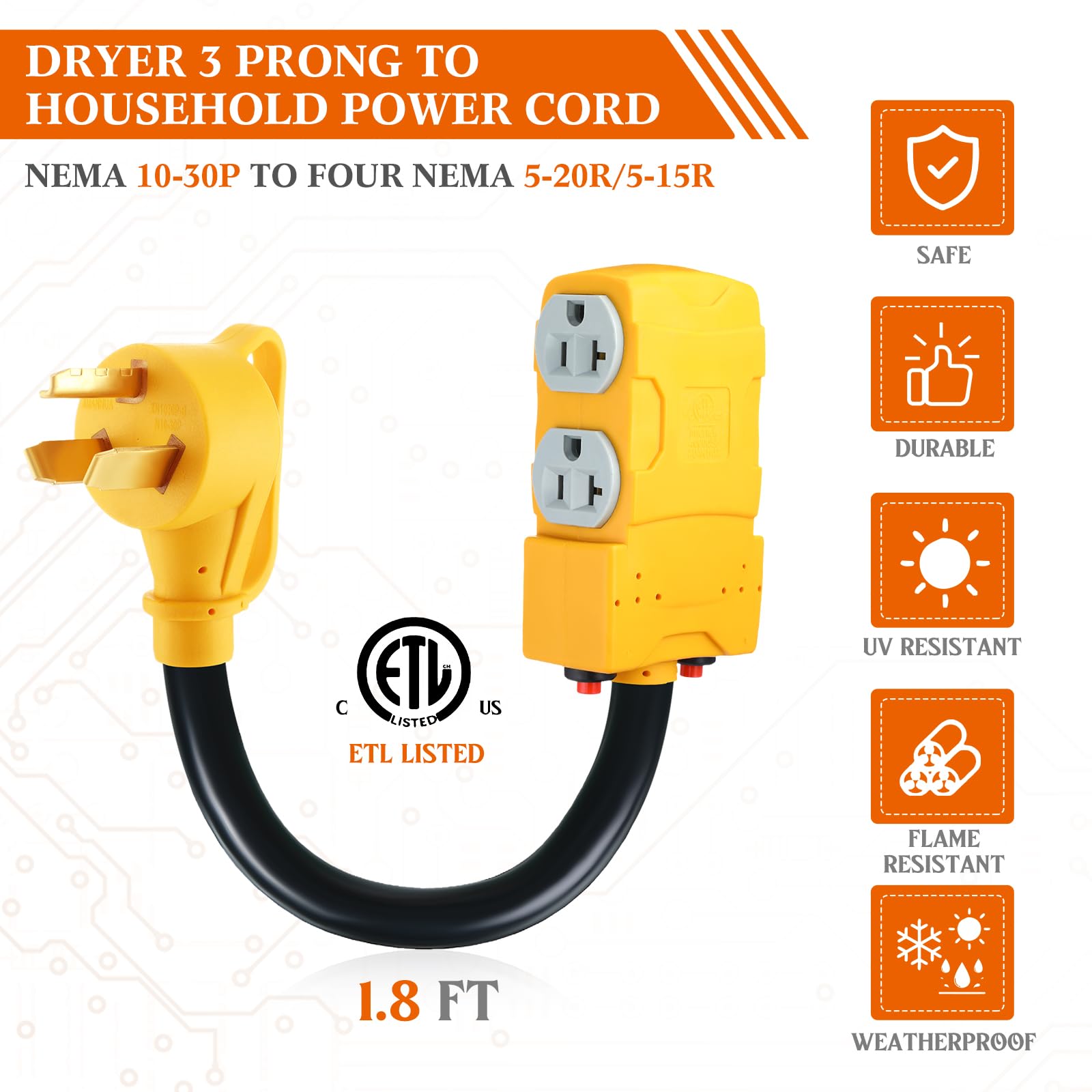 Kanayu 1.8 Ft 30 Amp To 20 Amp 110V Generator Distribution Adapter Compatible With Nema L5 30P To Nema 4X 5 20R/ 5 15R, 3 Prong