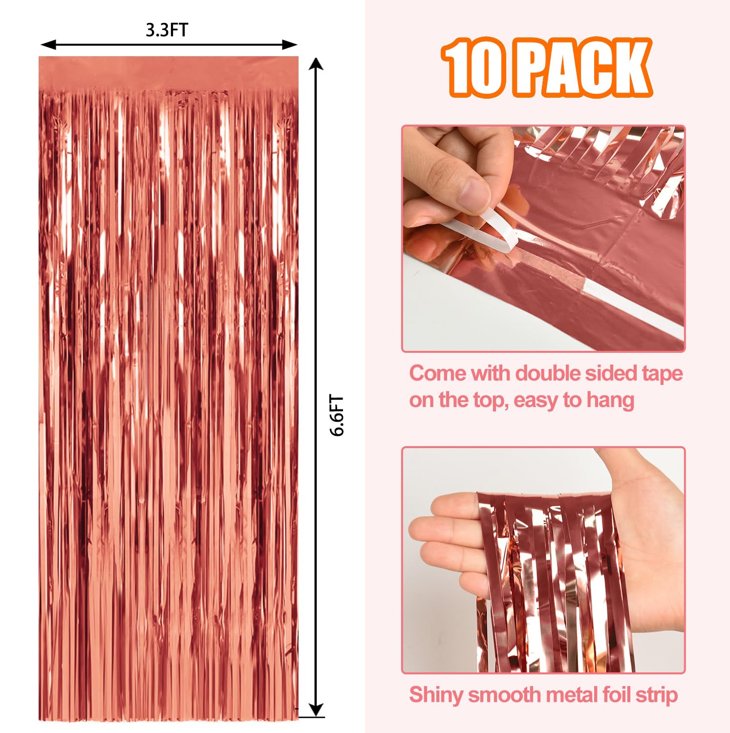 10 Pack Rose Gold Metallic Tinsel Foil Fringe Curtains Party Photo Backdrop Party Streamers For Birthday,Graduation,New Year Eve