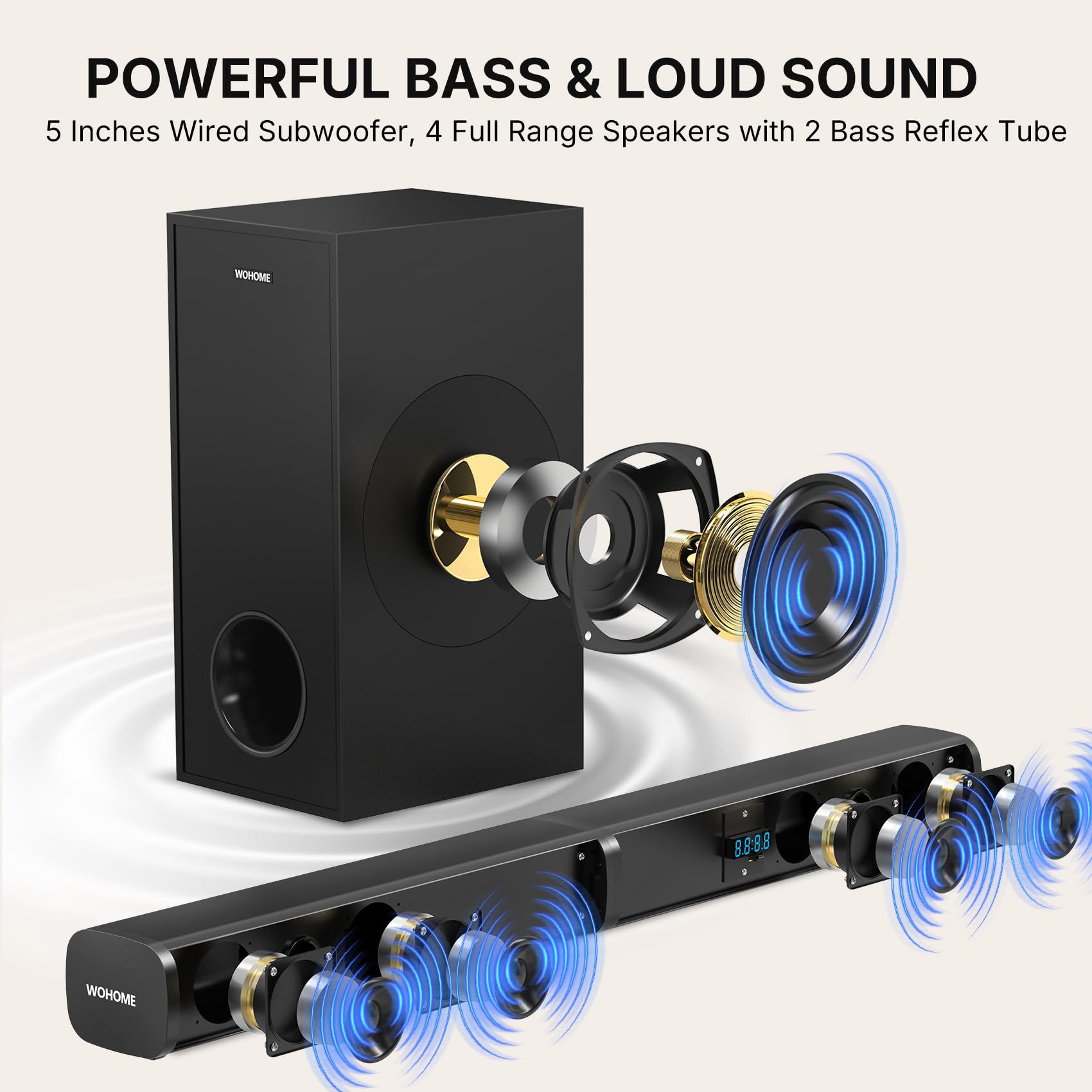 Wohome 2 In 1 Detachable Sound Bar With Subwoofers, 4.1 Channel Bluetooth Sound Bar For Smart Tv, Home Theater Surround Sound Sy