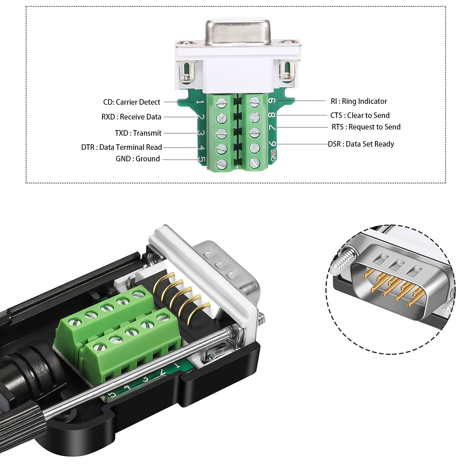 Dbilida Db9 Solderless Connector 4Female, Db9 Breakout Connector Rs232 D Sub Serial To 9Pin Port Terminal With Case