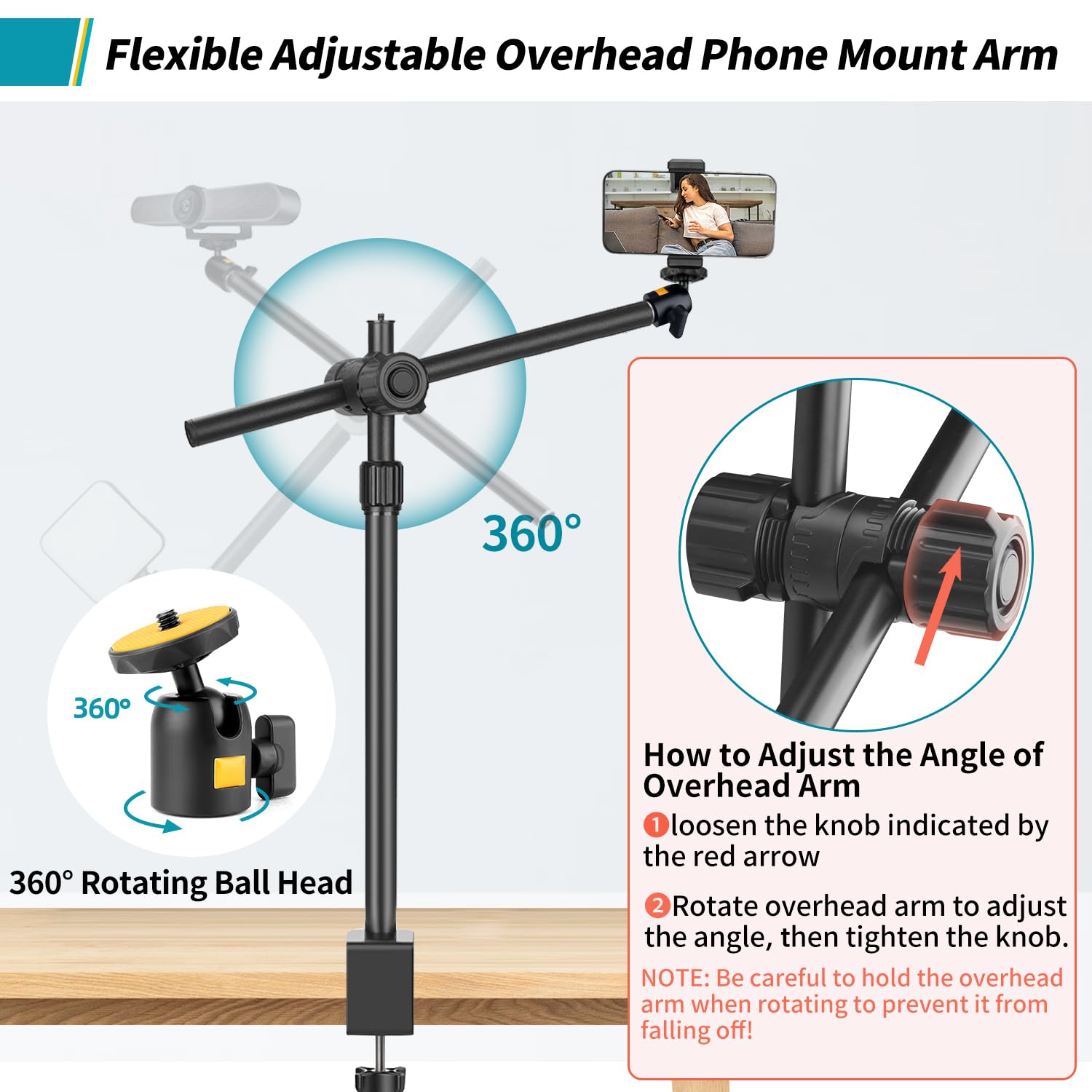 Camera Desk Mount Webcam Stand With Overhead Articulating Magic Boom Arm 1/4 Ball Head For Dslr Tripod, Adjustable Light Stand,