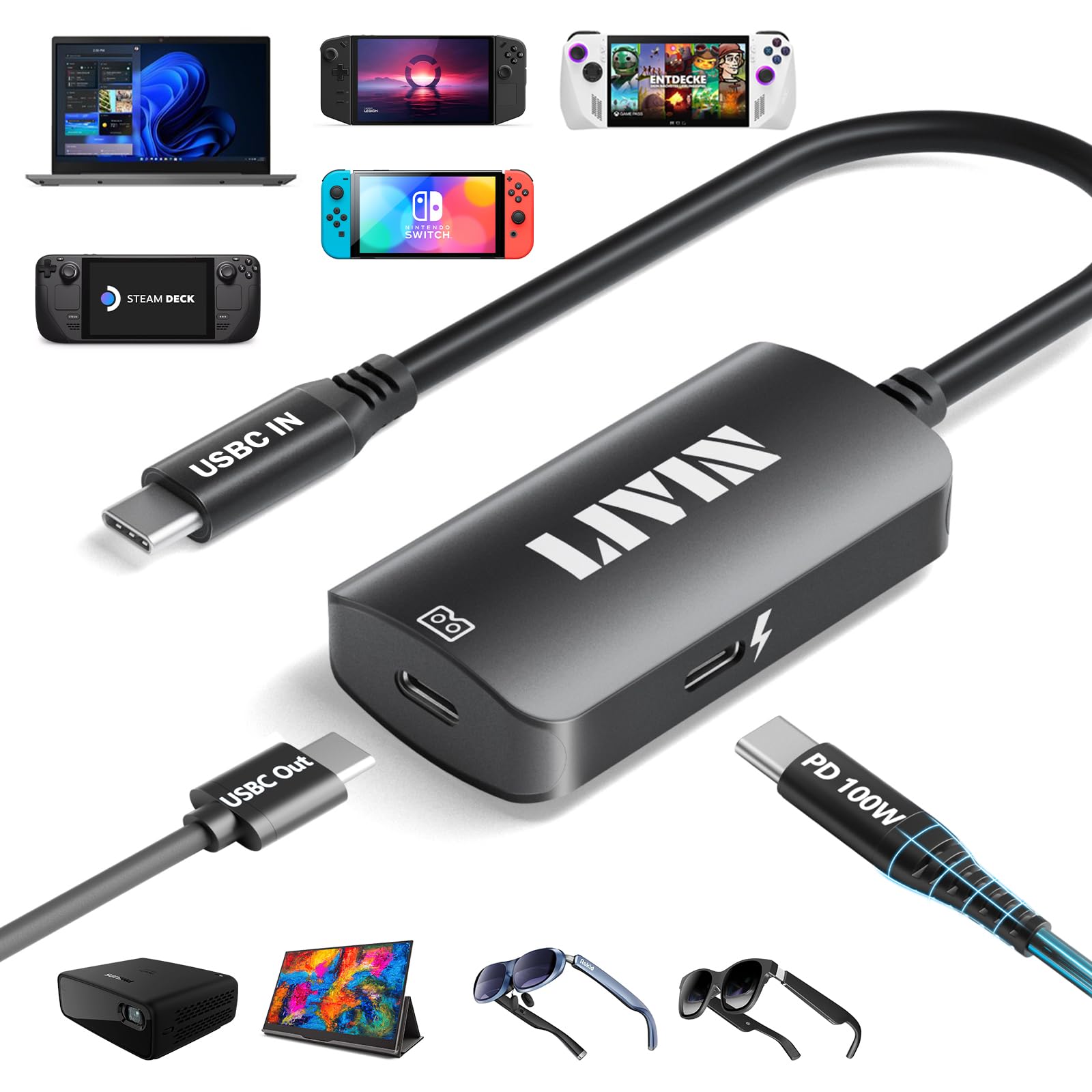 Livin Ar Glasses Adapter, Usb C To Xreal/Rokid/Viture/Rayneo, 2 In 1?4K@60Hz+Charger 100W?, Plug & Play, Aluminum Shell, For Iph