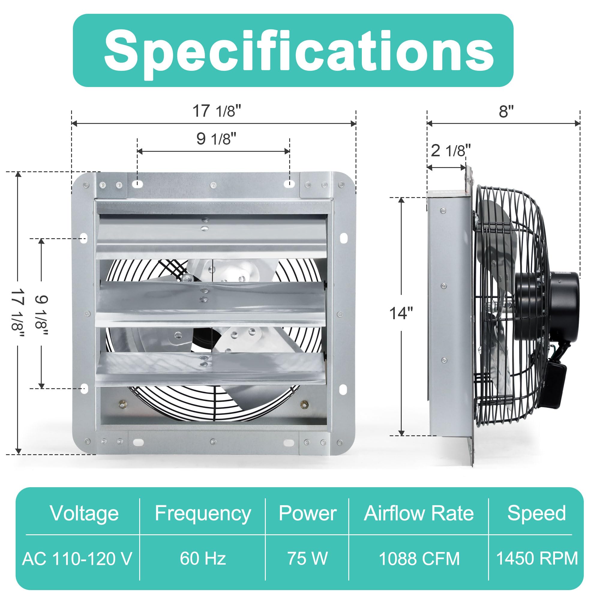 Hipoilk 14 Inch Shutter Exhaust Fan, High Power Wall Mount Attic Fan With Thermostat And Speed Controller For Greenhouses, Sheds