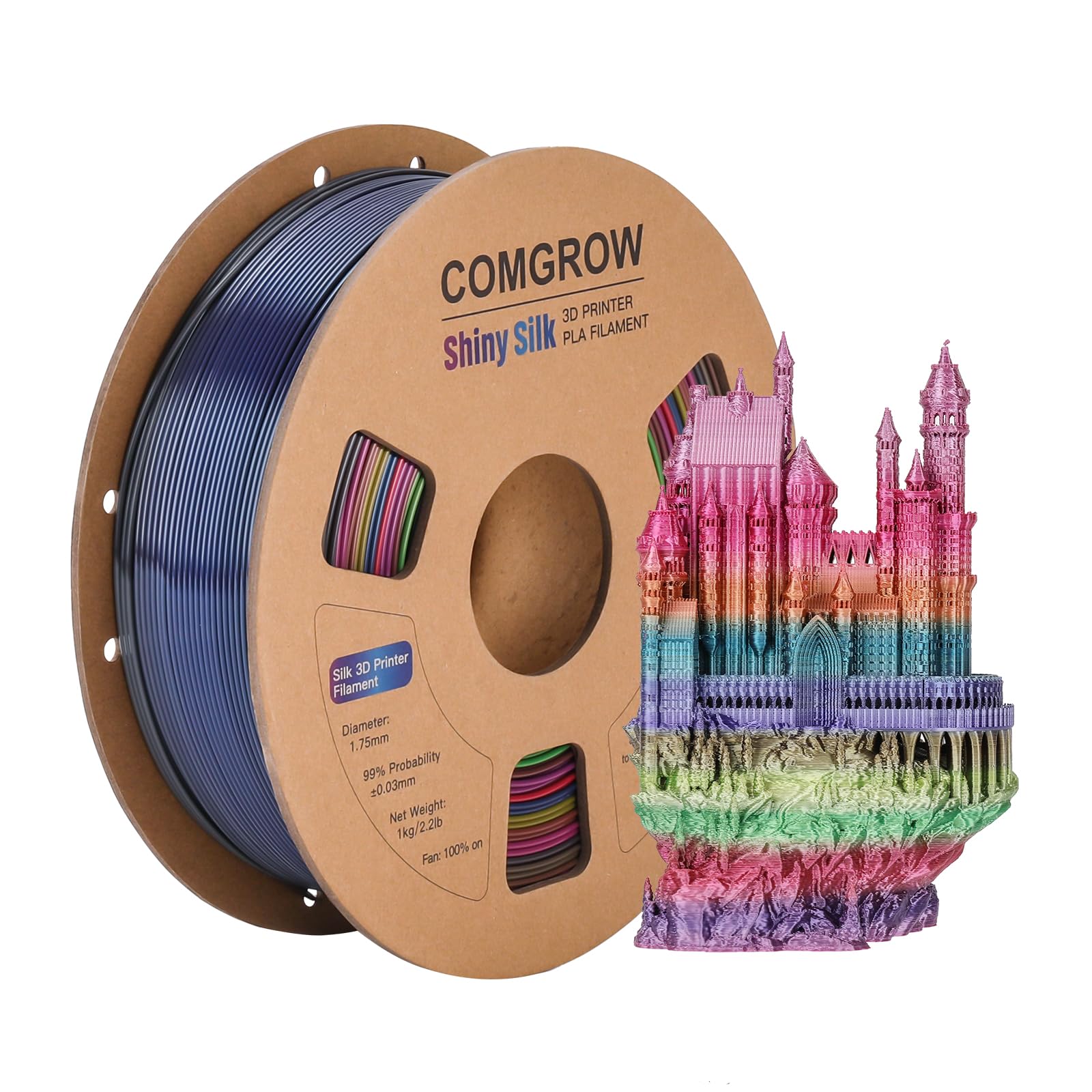 Comgrow Rainbow Colors Silk Pla 3D Printer Filament, Rainbow Pla Filament 1.75Mm, Dimensional Accuracy +/  0.02 Mm, 1Kg Spool, C