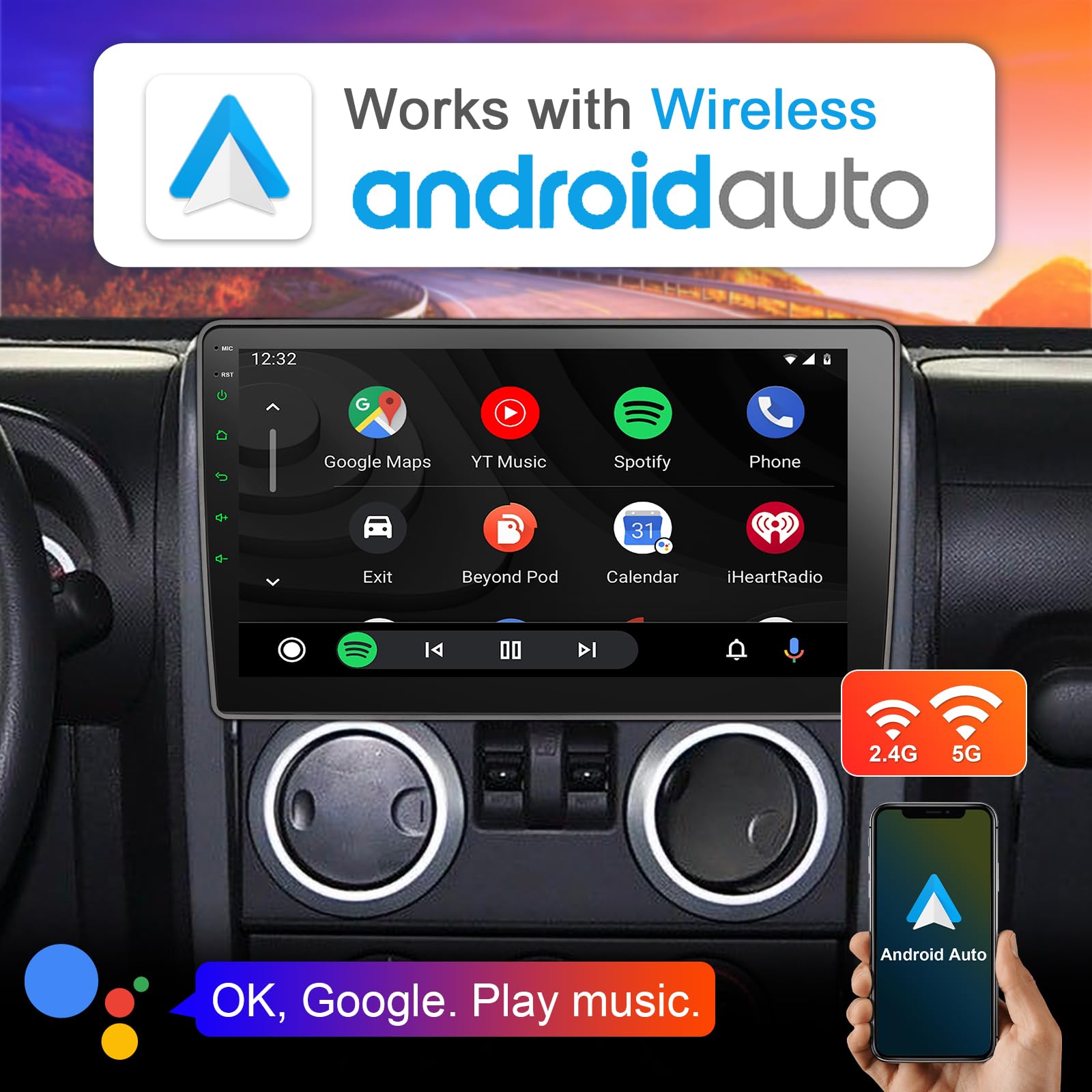 Cogamichi 10.1 Inch Android 12 Touch Screen Radio Upgrade Replacement Compatible With Jeep Jk Wrangler, Compass, Grand Cherokee,