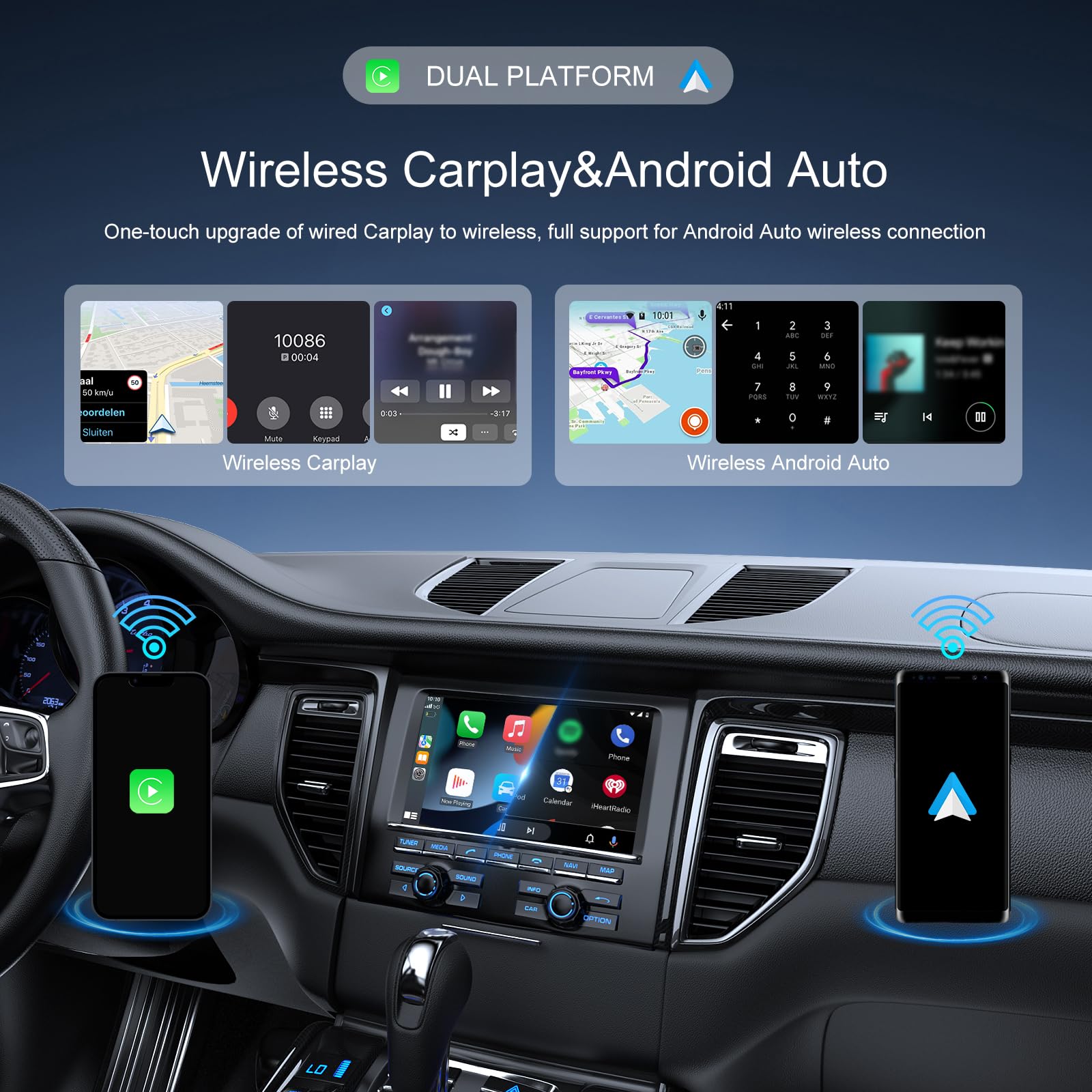 Camecho 2-In-1 Wireless Carplay Android Auto Car Adapter, Wireless Apple Car Play Android Auto Dongle, Carplay Adapter Converts