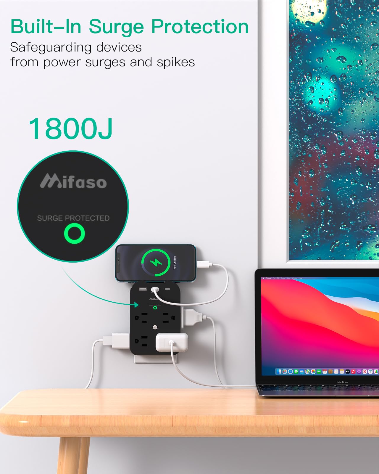 Outlet Extender   Wall Surge Protector With 8 Outlets 3 Usb 2 Usb C, 1 Usb A Multi Plug Outlet Splitter, Wall Mount Adapter With Top Phone Holder For Home, School, Office 1800 Joules, Black