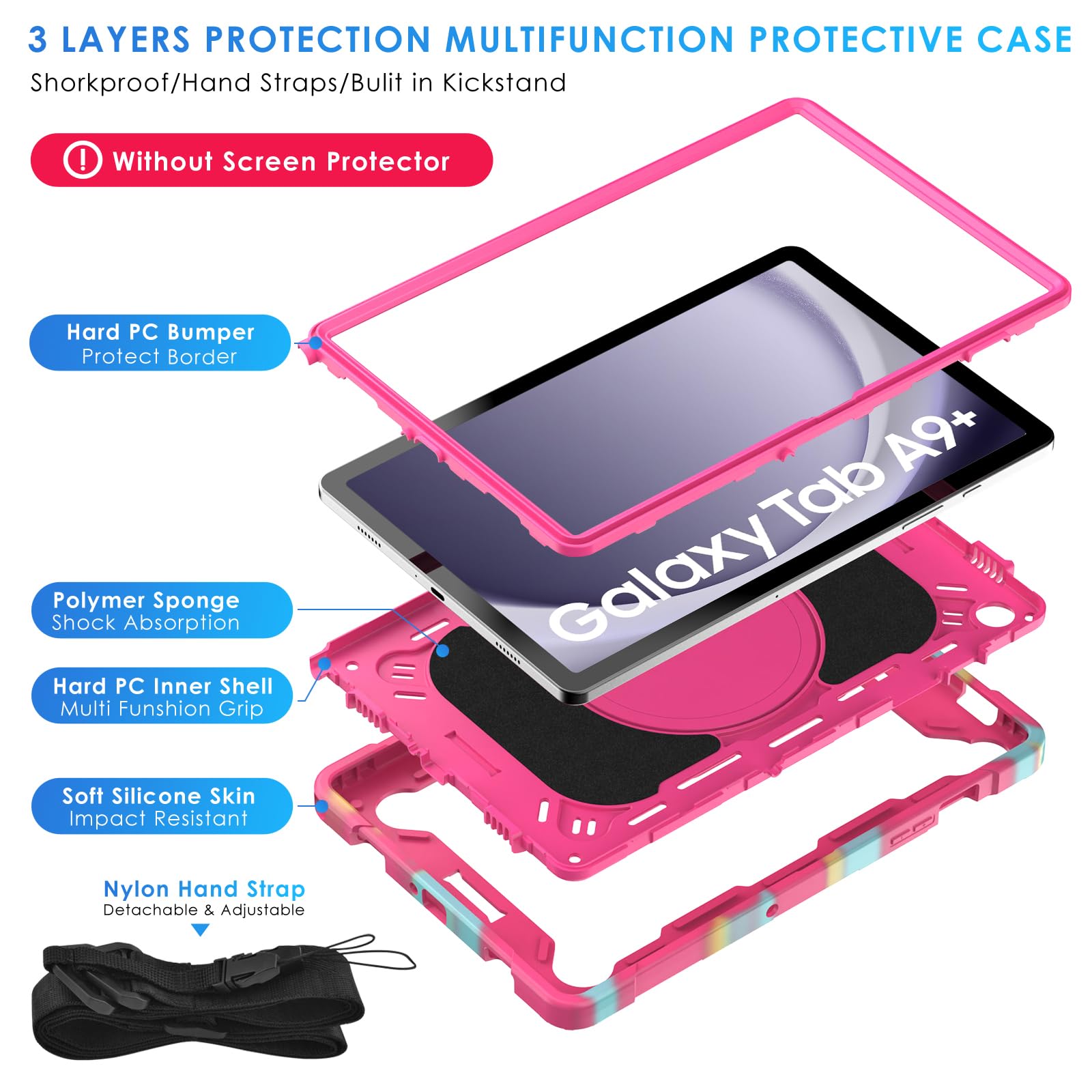 Detuosi Case For Samsung Galaxy Tab A9 Plus 11 Inch 2023, Galaxy Tab A9 Plus Shockproof Case With 360Rotatable Stand & Shoulder