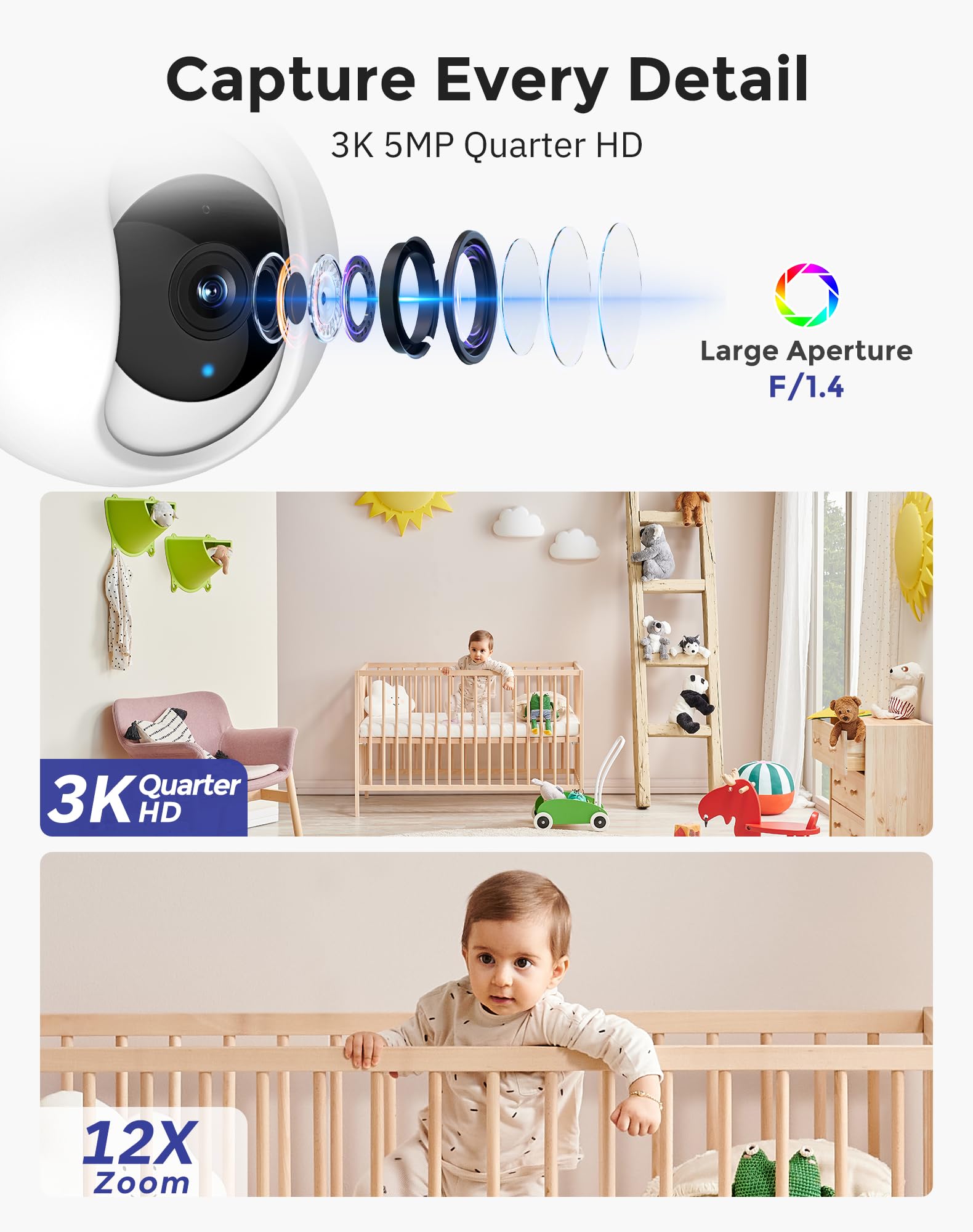 Hugolog 3K 5MP Indoor Pan/Tilt Security Camera, Auto-Focus, Dual-Band, Night Vision, White, Model HU-PWR6P-W-5G
