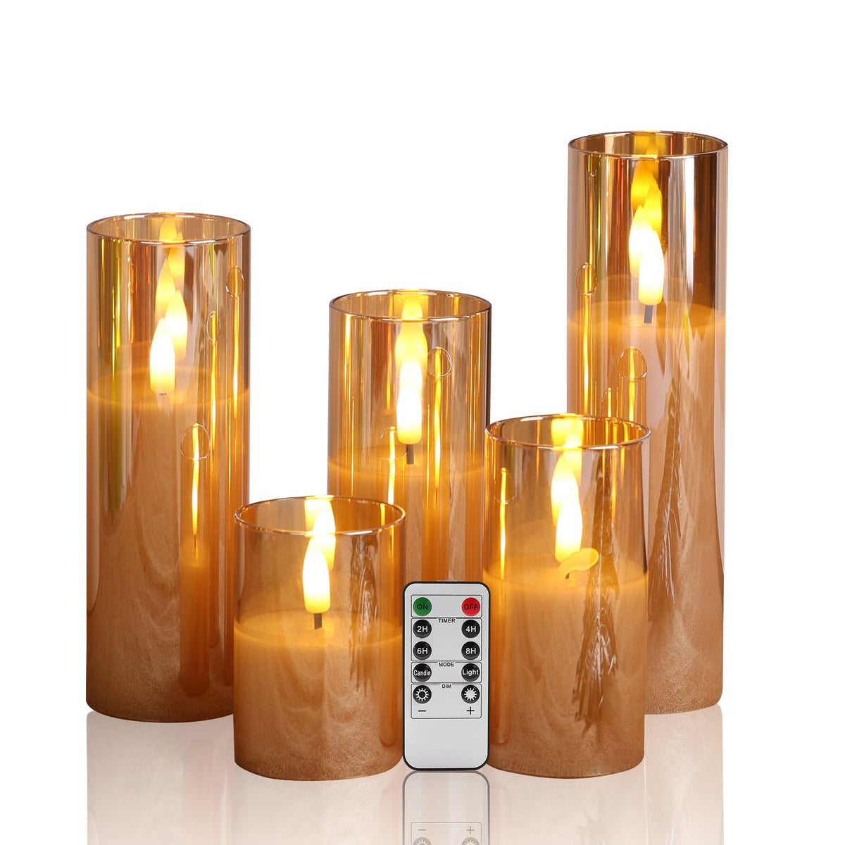 Eywamage 5 Pack Gold Glass Flameless Candles With Remote, Flickering Slim Tall Led Pillar Votive Candles Battery Included