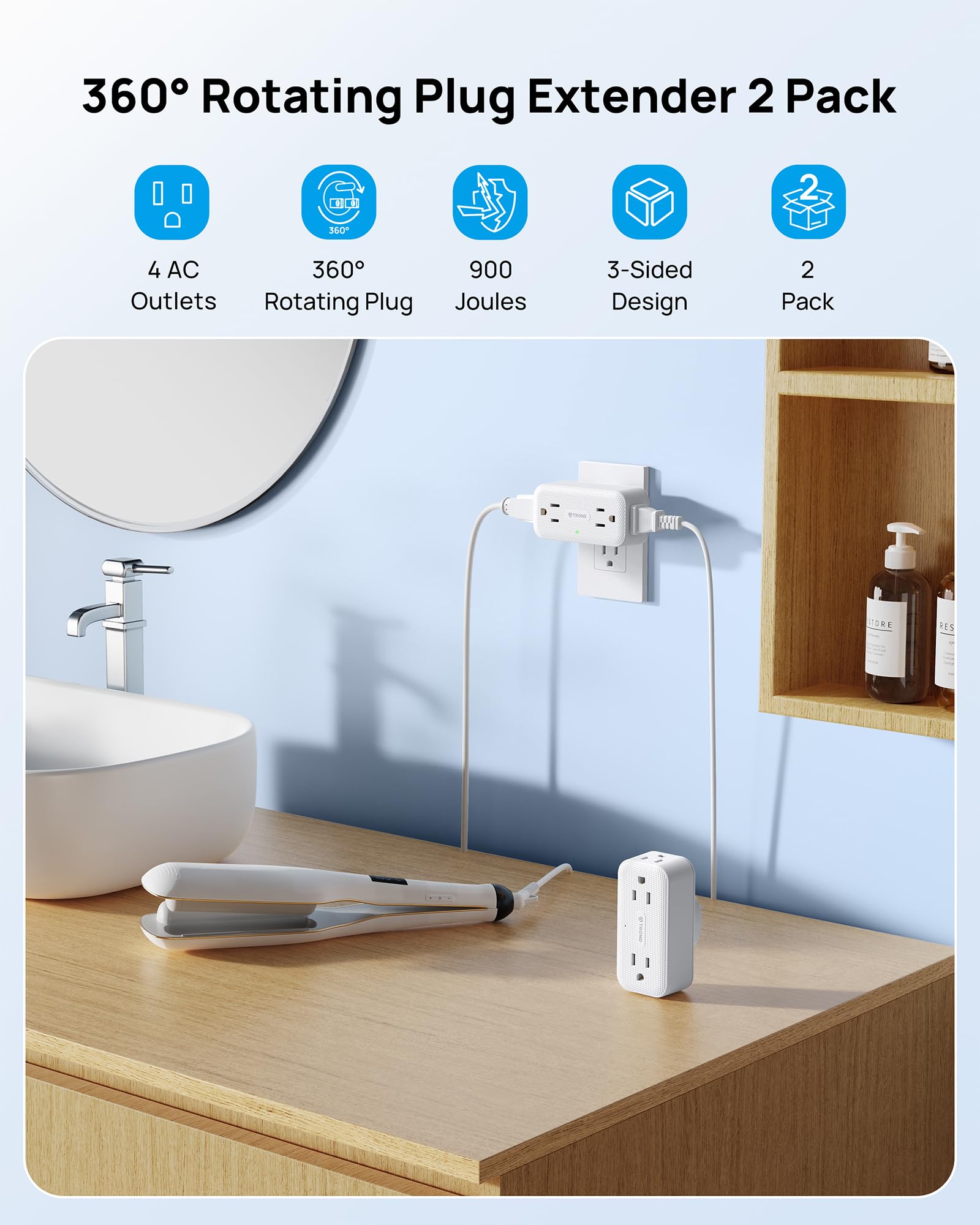 Trond 360 Rotating Outlet Extender 2 Pack, 4 Ac Plug Adapter, 900 Joules Surge Protection, 3 Way Charging Station, Multi Plug Wa
