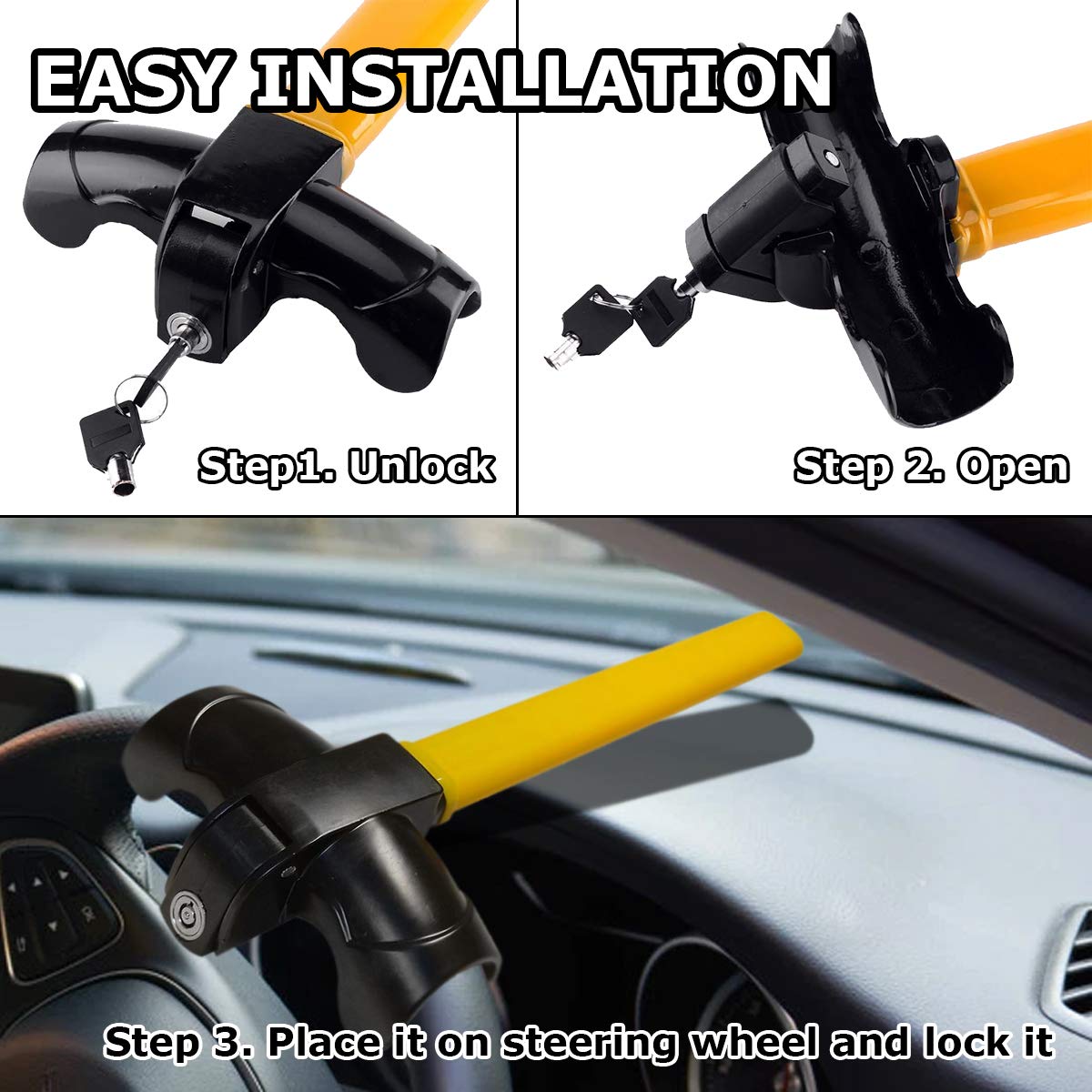 Vaygway Universal Car Steering Wheel Lock  Car Anti Theft Wheel Lock Cylinder Key   Strong Heavy Duty Anti  Theft Rotary Steerin