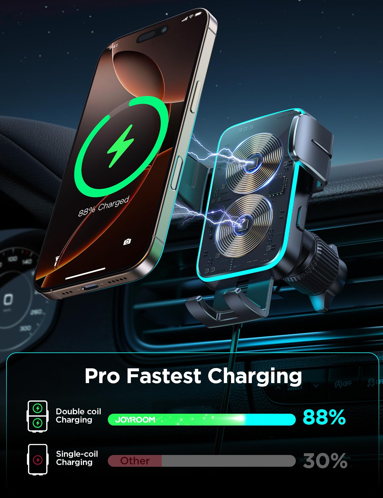 Joyroom Wireless Car Charger Mount?Dual Coil? Car Phone Holder Charger With Auto Smart Clamping Alignment For Iphone 16 Pro Max