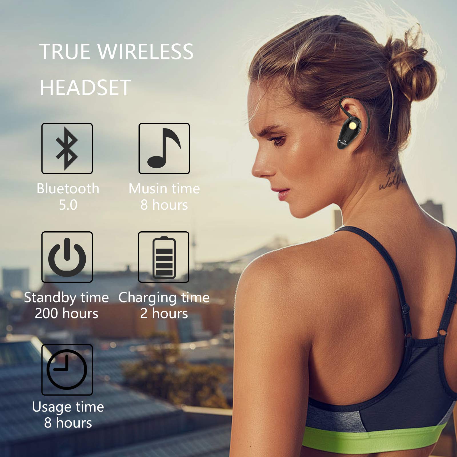 Kendir Bluetooth Headset, V5.0 Ultralight Wireless Headphone Cell Phone Earpiece With Mic Headsetcase,Volume Control, Handsfree