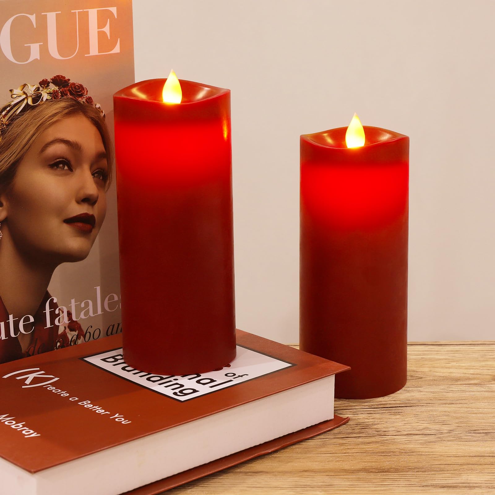 Enpornk 7 X 3 Flameless Candles, Flickering Moving Flame Led Candles, Battery Operated Candles With Remote And Timers, Burgundy,