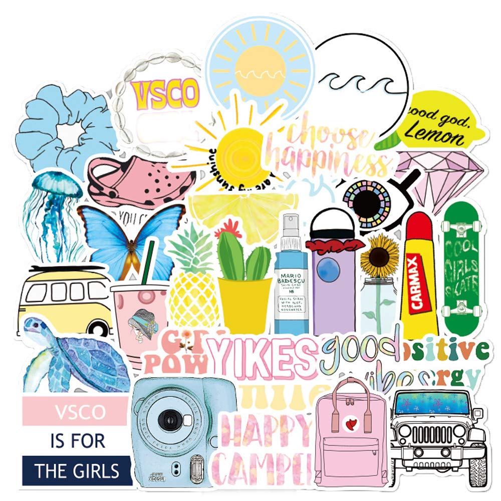 Vsco Stickers For Water Bottle 50 Packs, Cute Waterproof Aesthetic Vinyl Decal Stickers For Teens Girls Perfect For Waterbottle