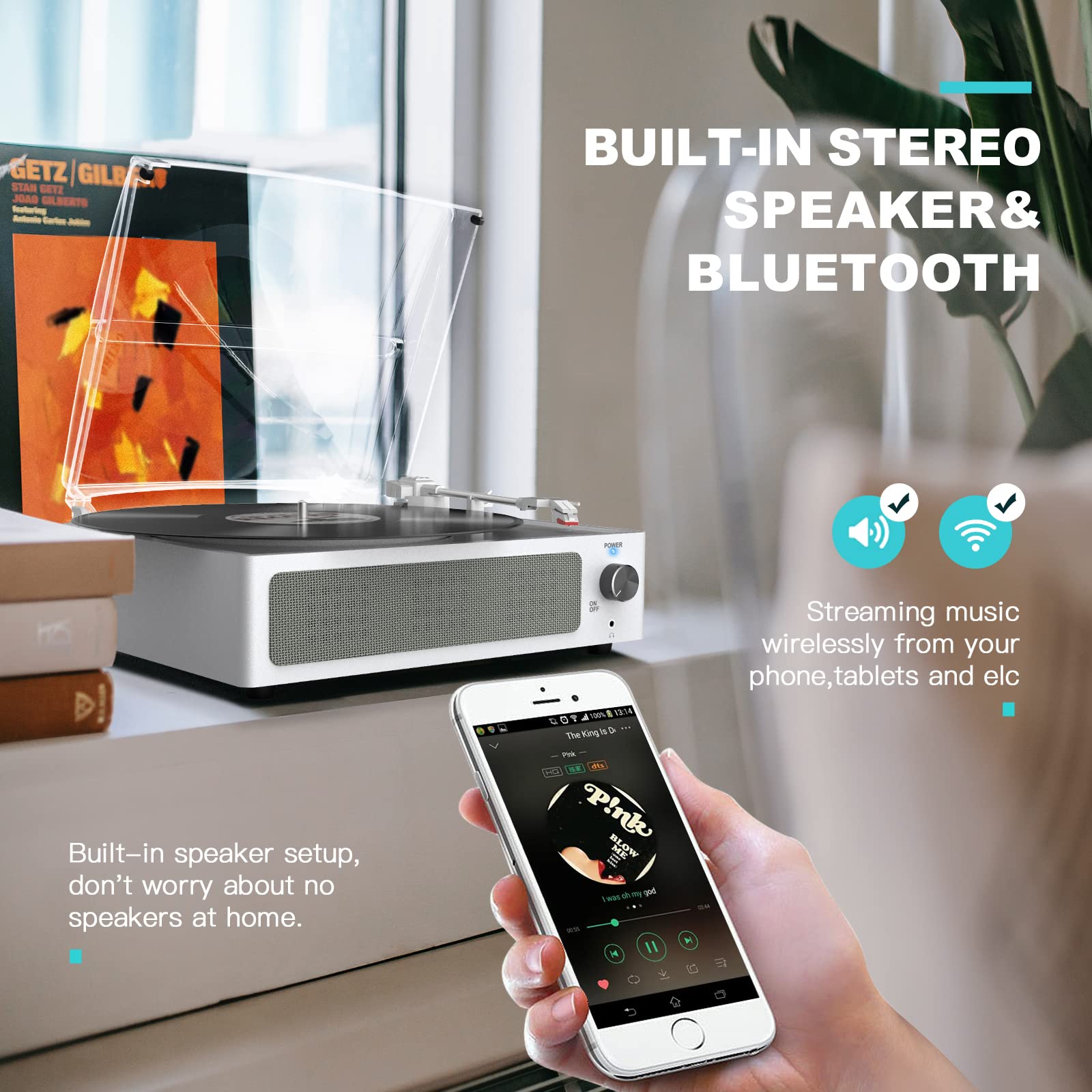 Wockoder Vinyl Record Player With Speakers Turntable For Vinyl Records Belt Driven Turntable Support 3 Speed Wireless Playback H