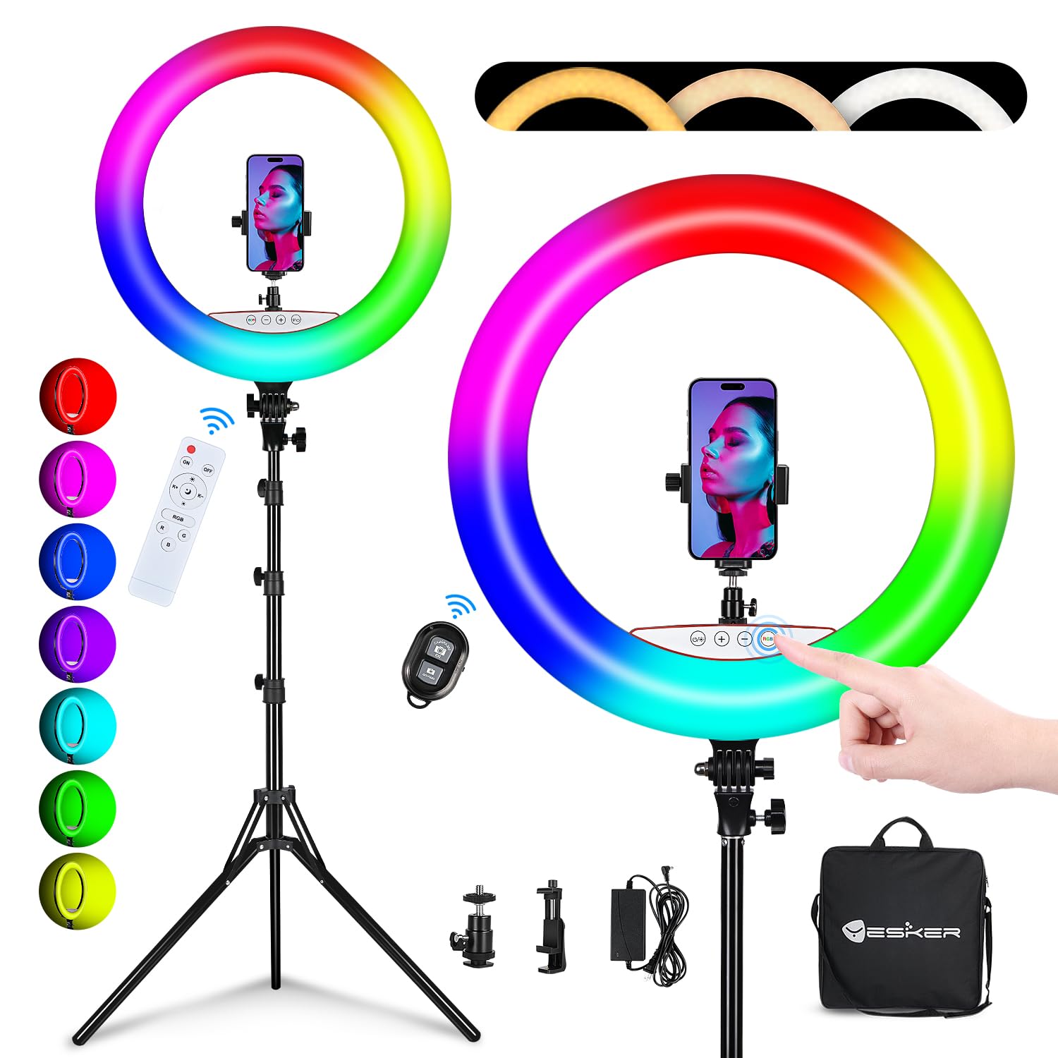 Yesker Ring Light With Tripod Stand And Phone Holder 18 Inch Rgb Ringlight 25 Rgb Modes Bi Color Adjustable 2700 7000K Led Selfi