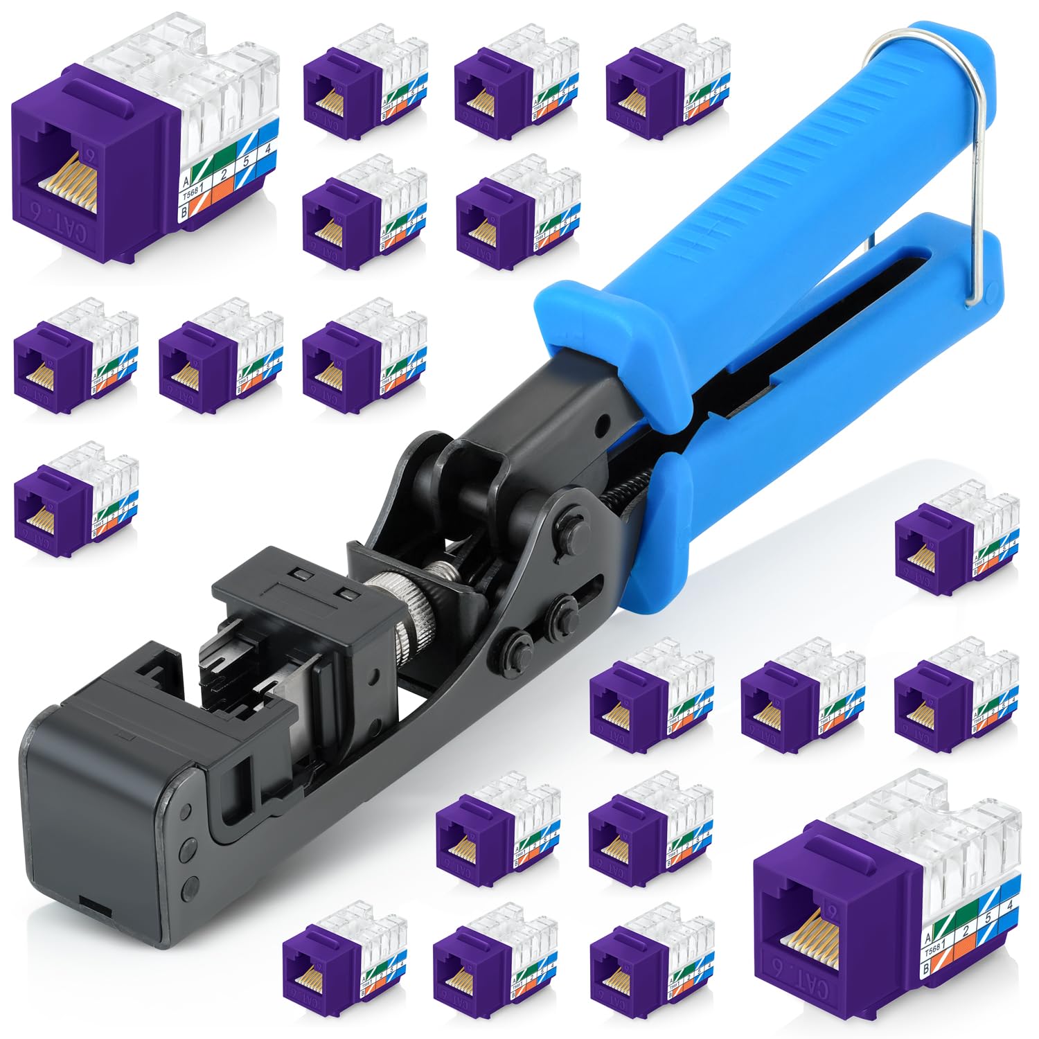 Everest Media Solutions Easyjack   90 Angled Speed Termination Tool   With 20 Pack Of 90 Angled Cat6/5E Keystone Jacks In Purple