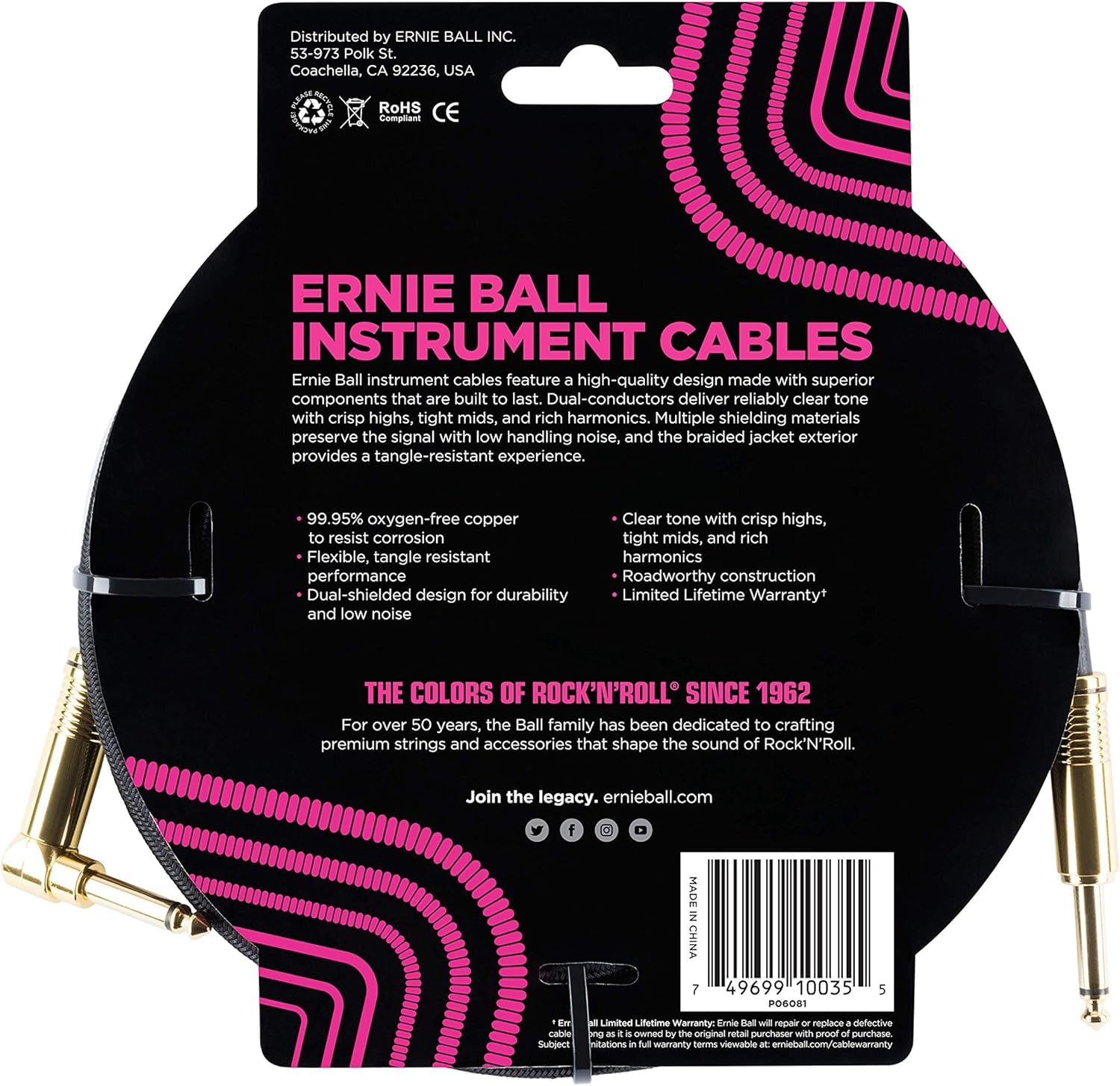 Ernie Ball Braided Instrument Cable Set Straight/Angle Length 10Ft In Black (P06081)   Pack Of 2