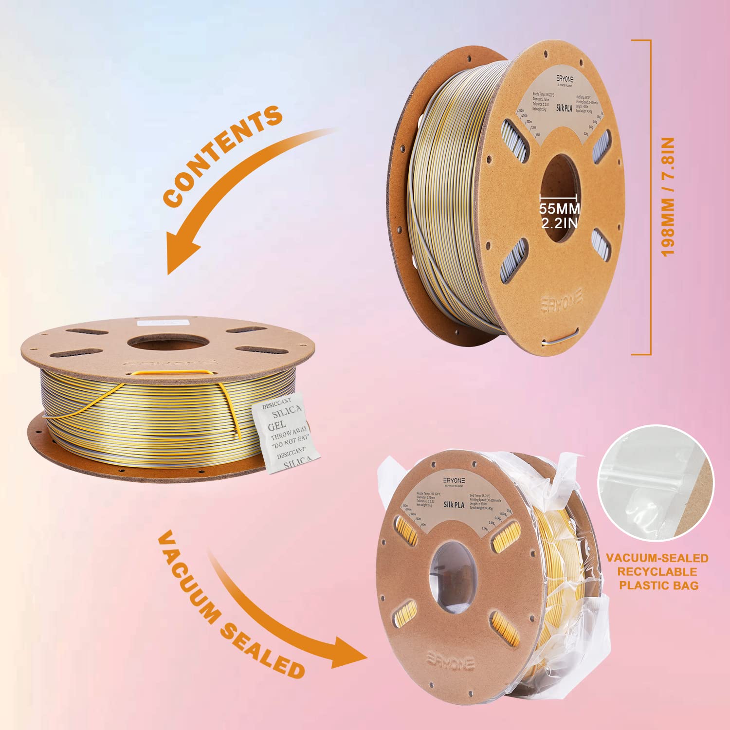 Eryone Silk Dual Color Filament Pla 3D Printer 1.75Mm +/  0.03Mm, Coextrusion Filament Pla Shiny Filament 1Kg(2.2Lbs), Gold Silv