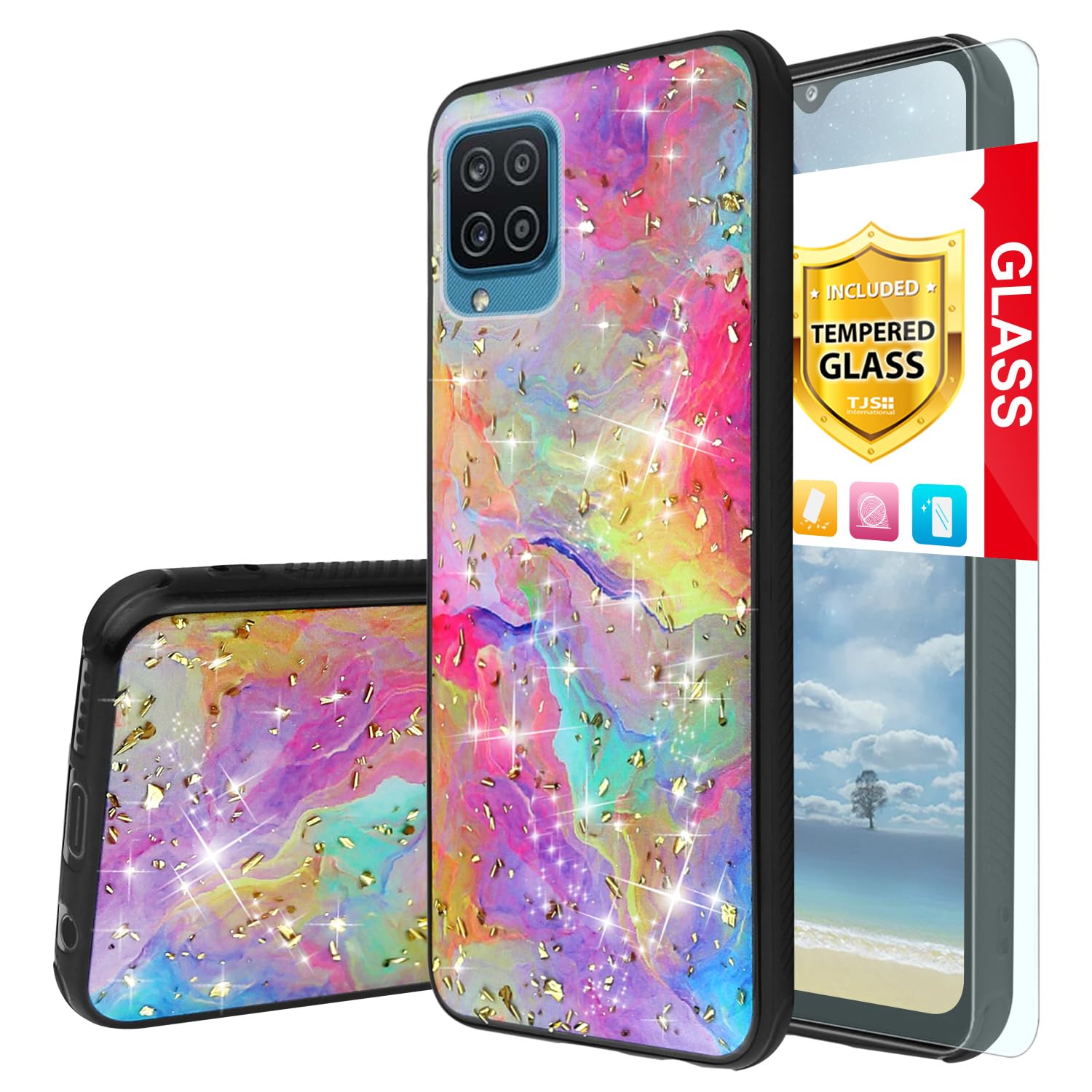 Tjs Compatible With Samsung Galaxy A12 Case, With [Tempered Glass Screen Protector] Shiny Flake Glitter Back Skin Full Body Soft