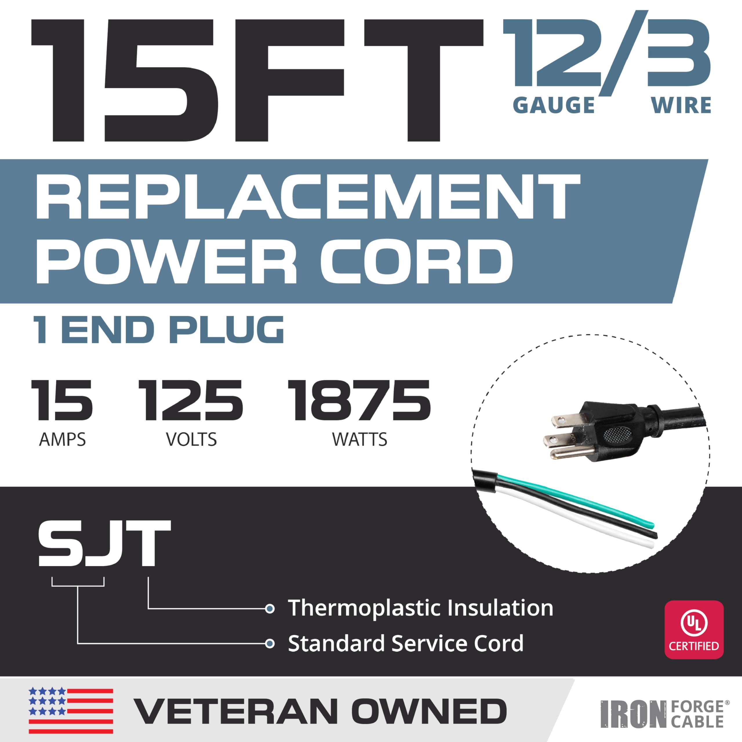 Iron Forge Cable 12 Gauge Power Cord Replacement   15Ft,15 Amp Black Heavy Duty Extension Cord, 12/3 Sjt 3 Prong Electric Cable
