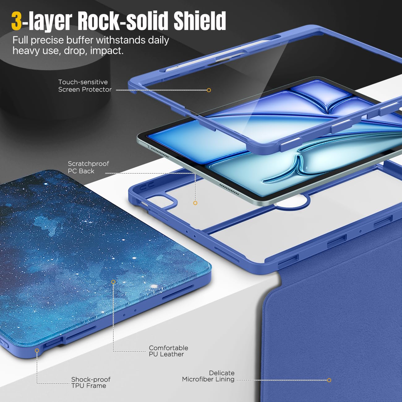 MoKo for iPad Air 13 Inch Case M2 2024 with Pencil Holder, iPad Air 13 Case, [Built in Screen Protector], iPad Air 13' Case with Clear Back & Magnetic Multi Angle Stand Cover, Starry Sky