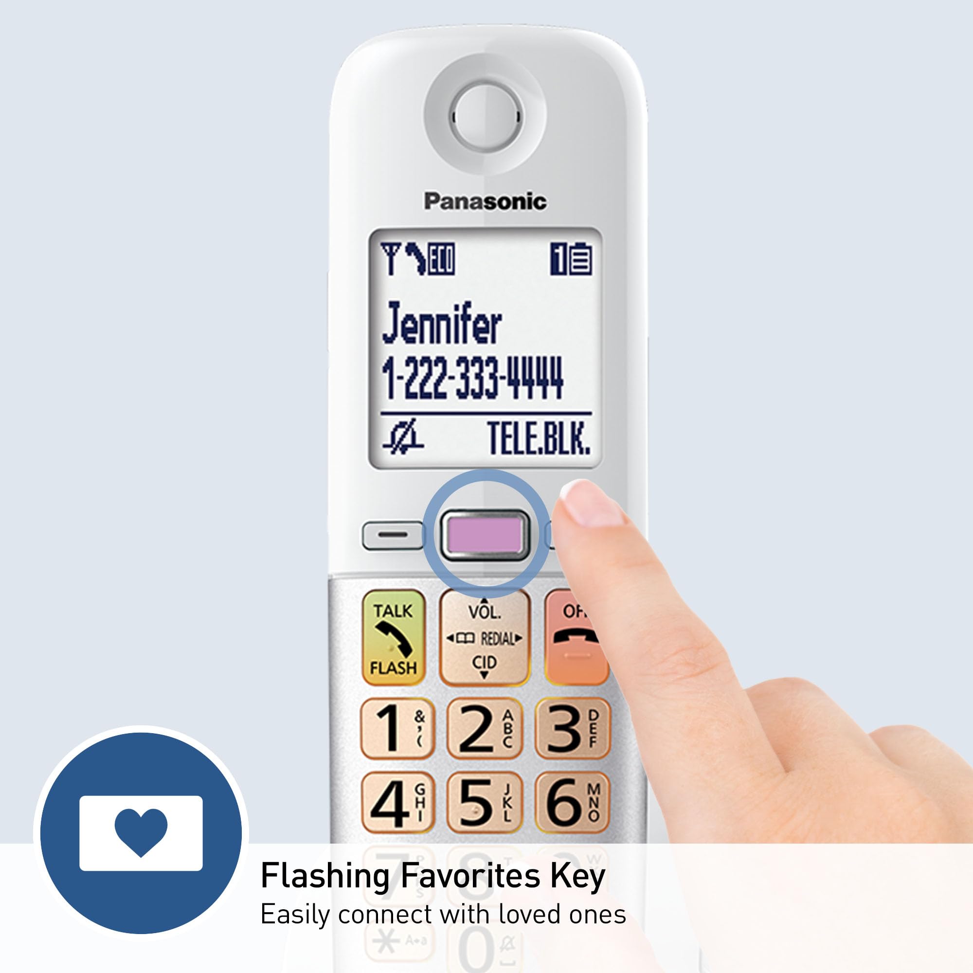 Panasonic Cordless Phone, Easy To Use With Large Display And Big Buttons, Flashing Favorites Key, Built In Flashlight, Call Bloc