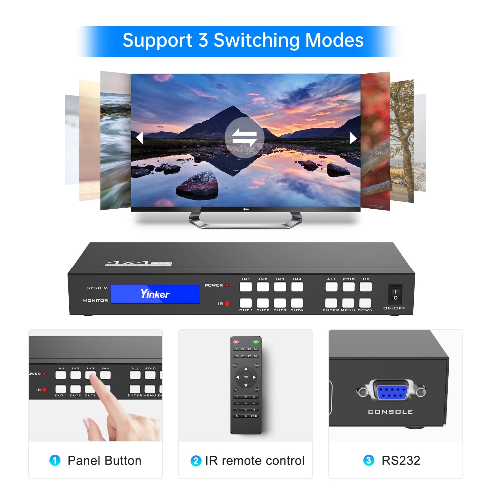 Yinker 4K Hdmi Matrix Switch 4X4, 4K@30Hz Hdmi Matrix Switcher Splitter 4 In 4 Out With Backlit Button, Support Hdcp Edid Management Rs232 Control