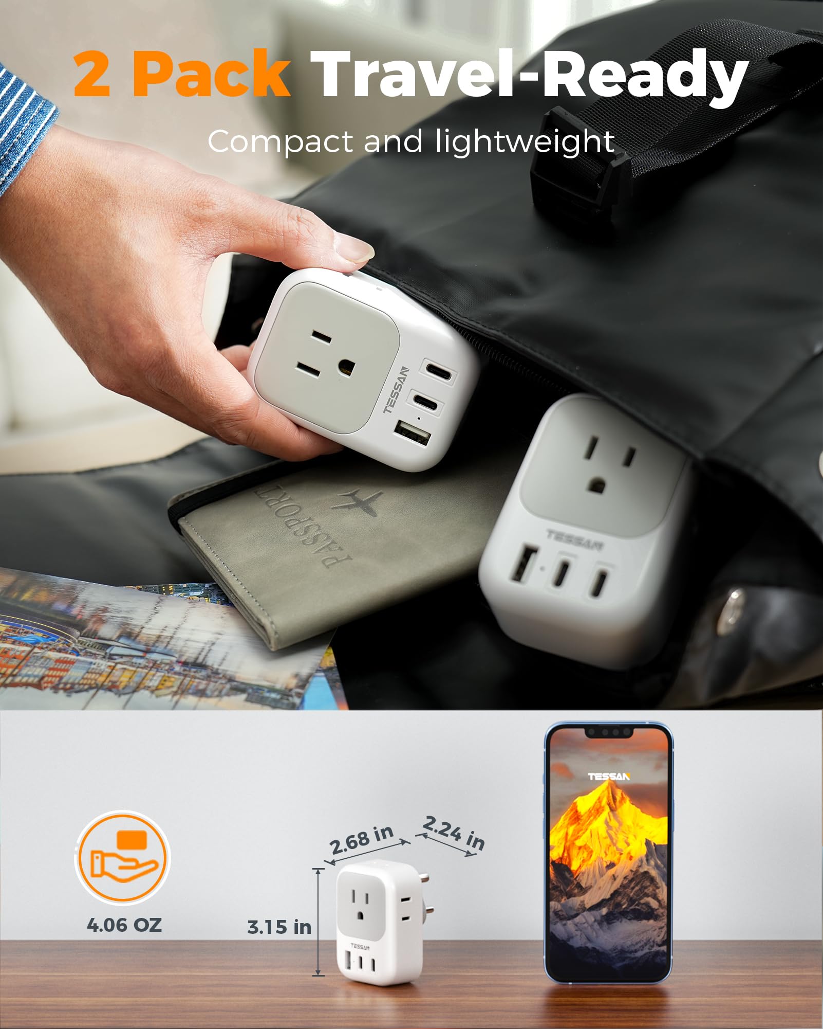 Us To India Plug Adapter 2 Pack, Tessan Type D Travel Adapter With 4 Outlets 3 Usb (2 Usb C), Power Adaptor For Us To India Nepa