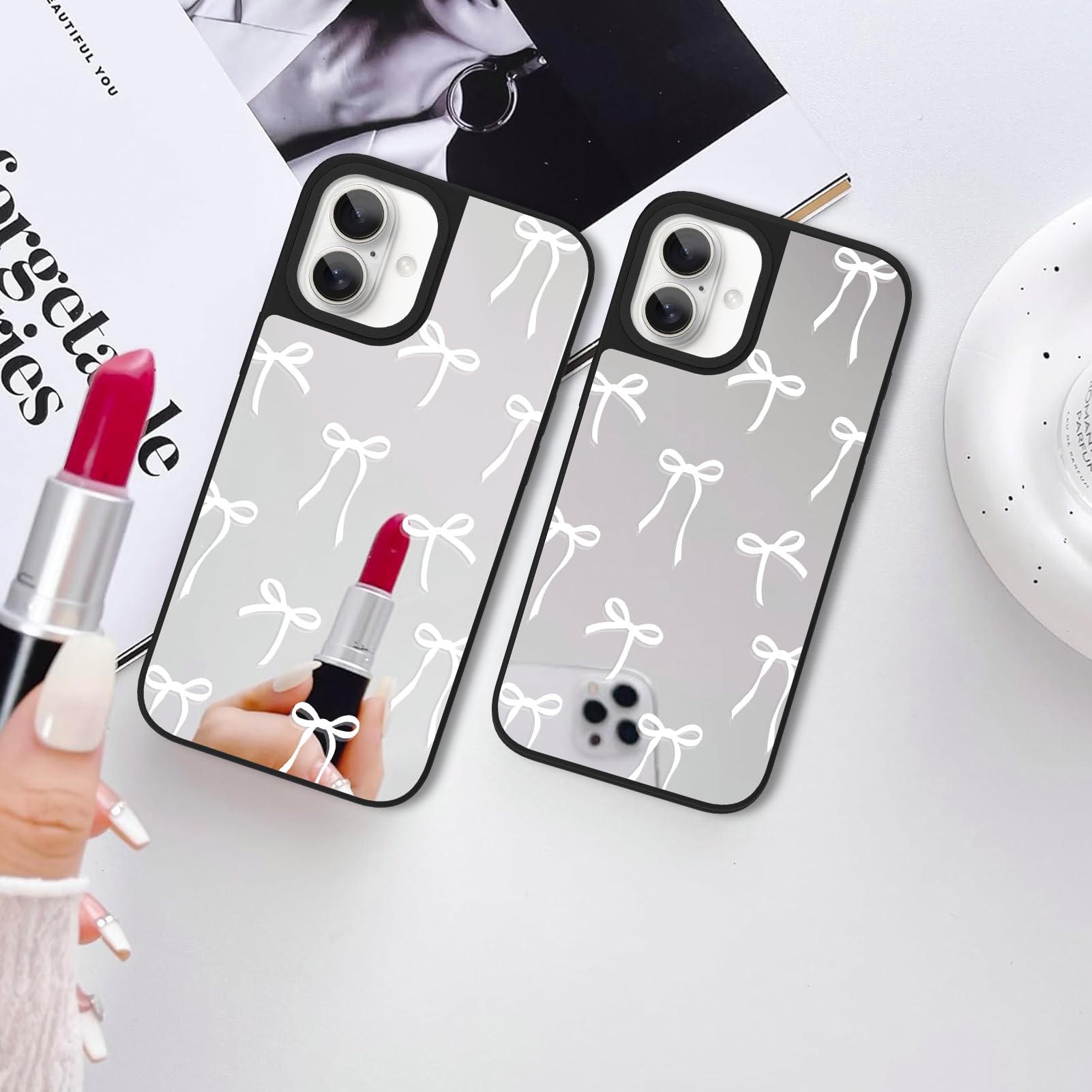 Ziye Mirror Case For Iphone 16 Plus Case,Cute Mirror White Ribbon Bow Pattern For Women Girls Slim Anti-Drop Shockproof Protecti