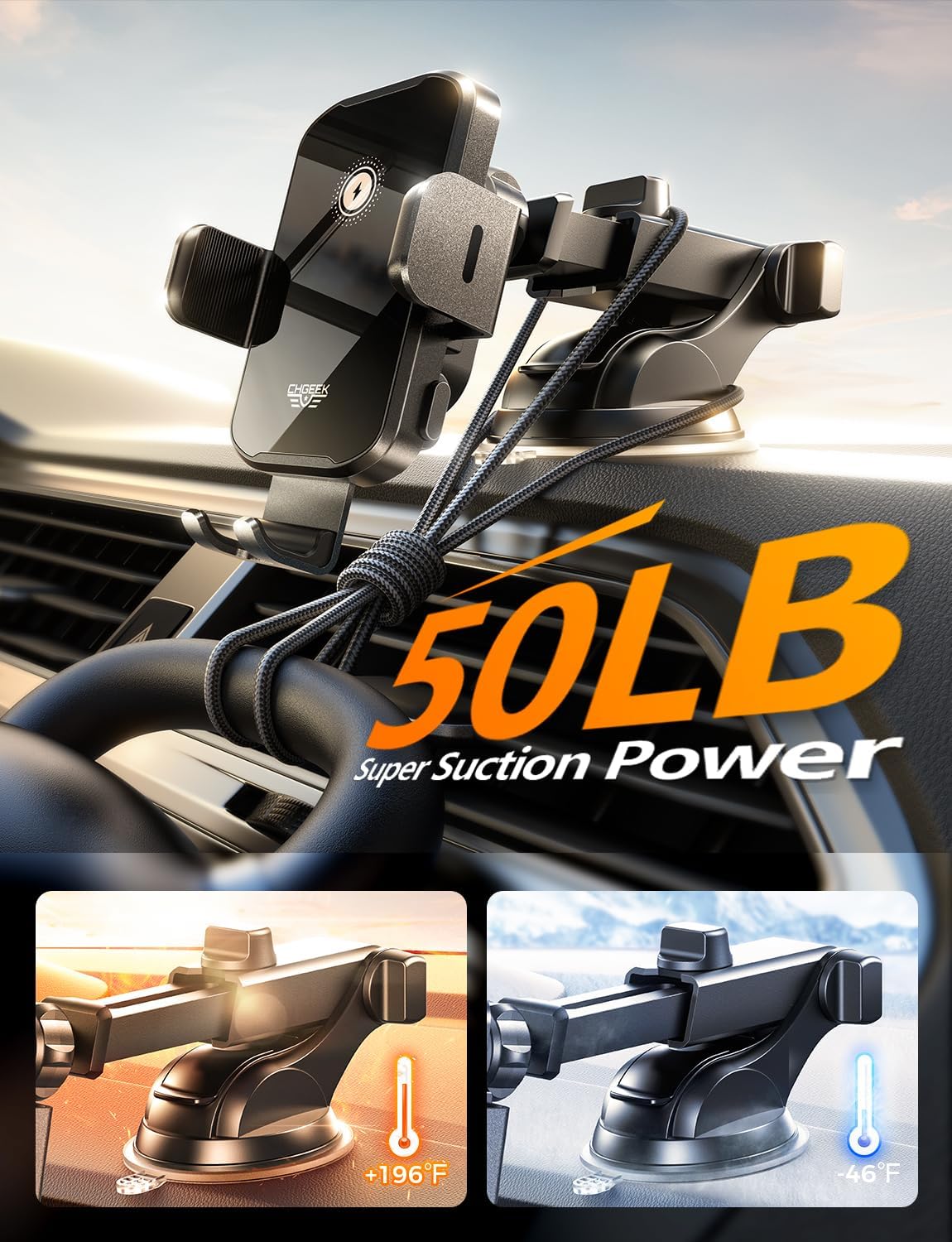 Chgeek Wireless Car Charger Phone Holder Mount, 15W Fast Charging Auto Clamping Phone Holders For Your Car Dashboard Windshield