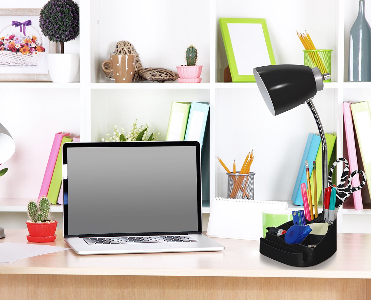 Limelights Ld1057 Blk Gooseneck Organizer Desk Lamp With Ipad Tablet Stand Book Holder And Charging Outlet, Black
