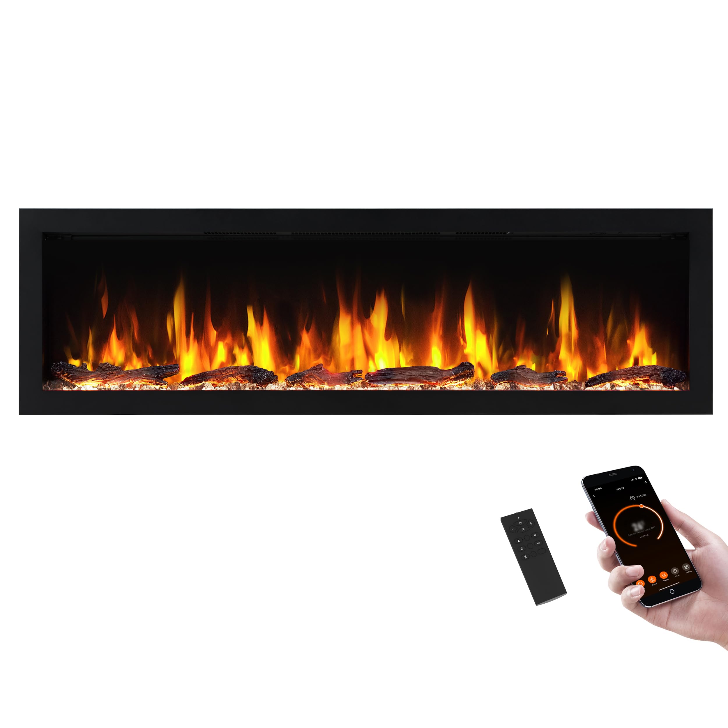Puraflame Bernice 60 Inch Smart Linear Electric Fireplace   Clean Hidden Vent Design, Flame With 9 Colors, Recessed In Wall Or W