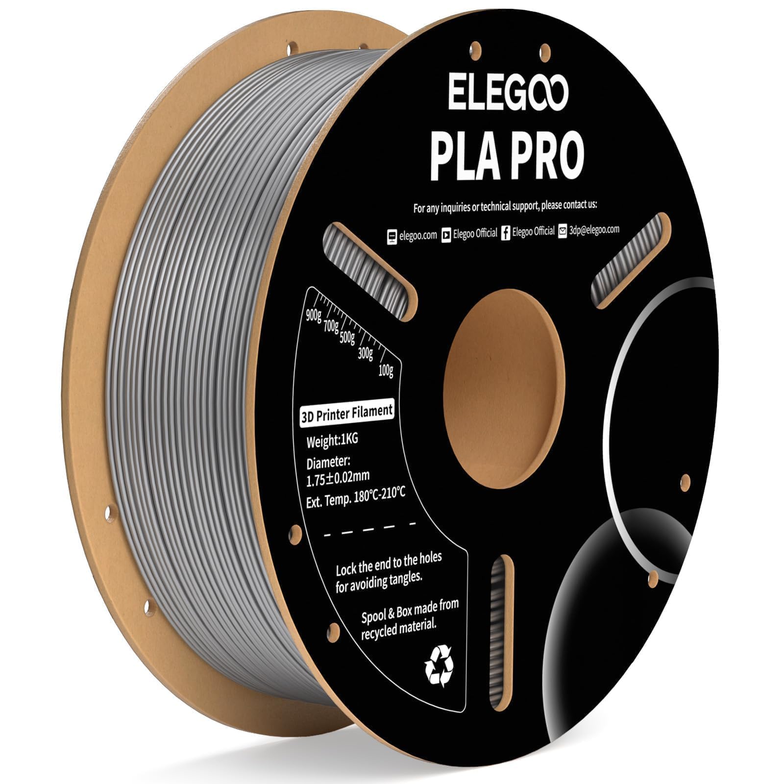 ELEGOO PLA PRO Filament 1.75mm Silver 1KG, 30-250mm/s Printing Speed Improved Rigidity 3D Printer Filament Dimensional Accuracy 