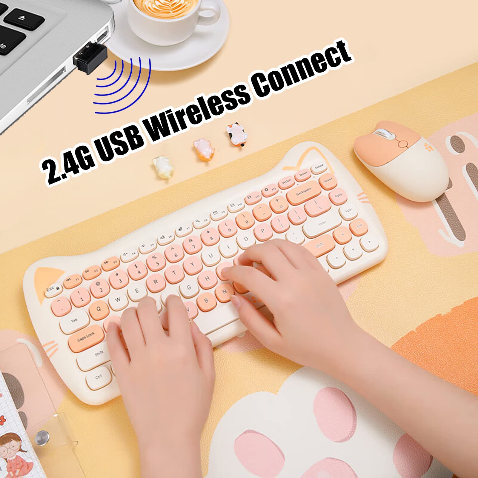 Cute Cat 2.4G Usb Wireless Keyboard And Mouse Combo, Silent Keys, Candy Colors, Compatible With Notebook, Pc (Milktea 84Keys)
