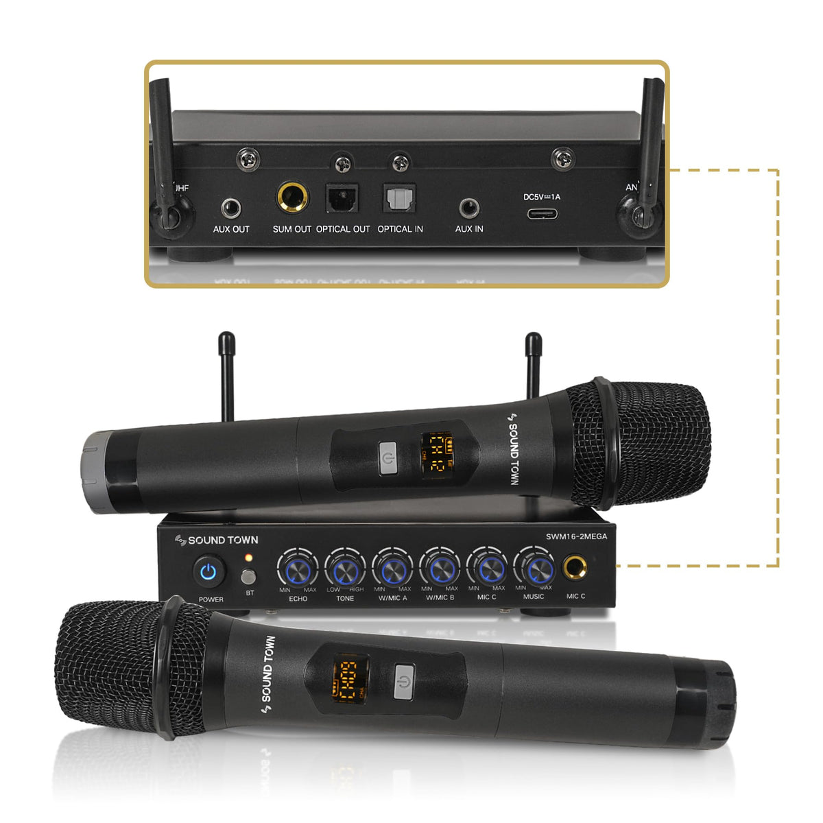 Sound Town 100 Channels Wireless Microphone Karaoke Mixer System With 2 Metal Handheld Microphones, Optical (Toslink), Aux, For