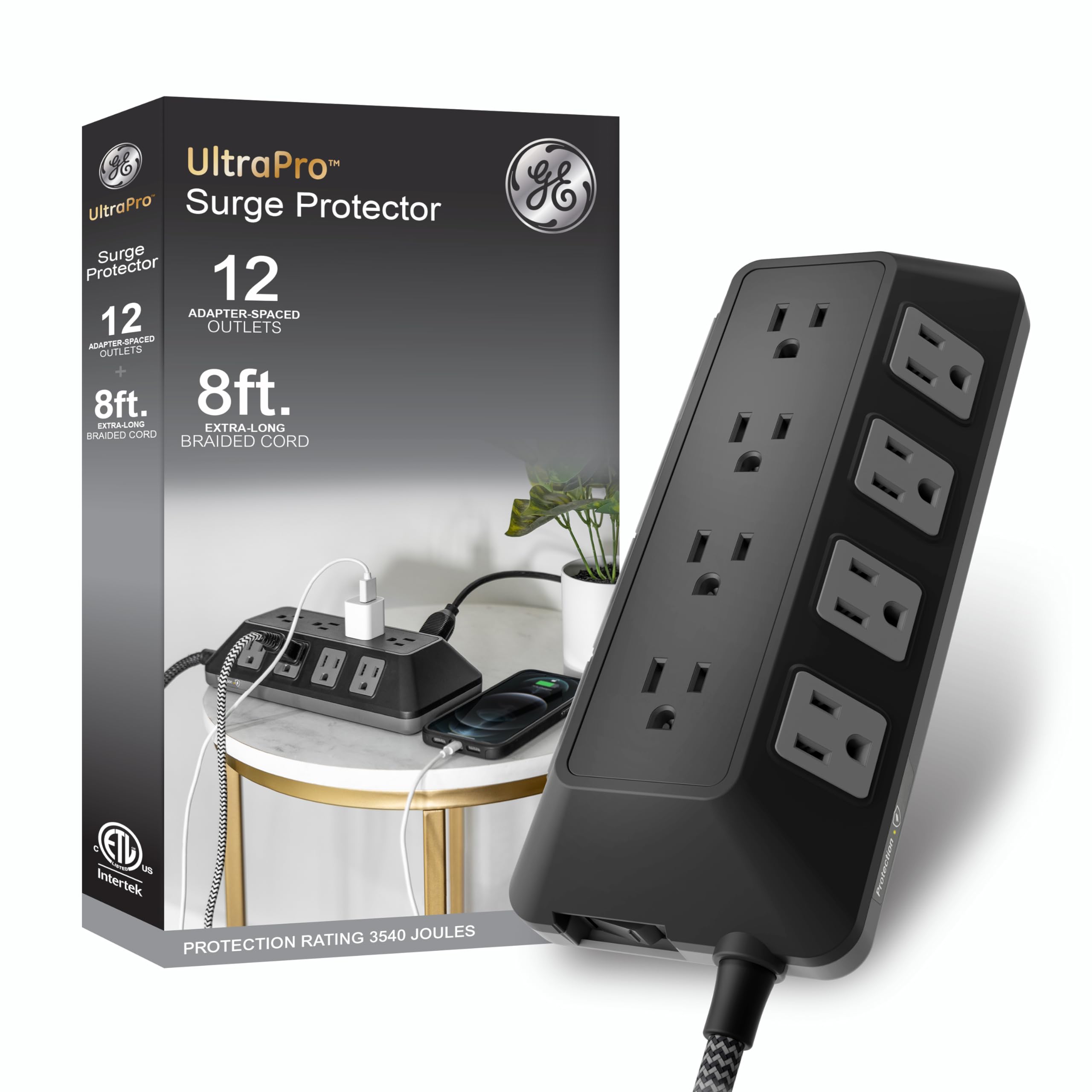 Ge Branded Ultrapro 12 Outlet Surge Protector, 3540J, 8Ft. Braided Cord, Black, Extension Cord, For Home, Office, Dorm   81784