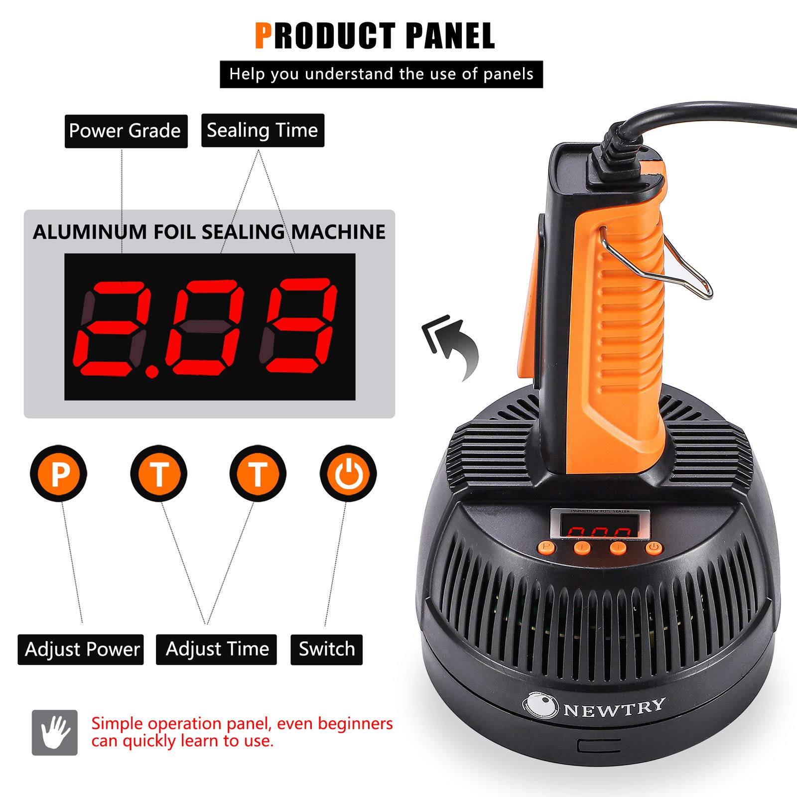Newtry Handheld Induction Sealer 20 80Mm Heat Bottle Cap Sealing Machine Power & Time Adjustable For Plastic Glass Bottles Caps(110V)