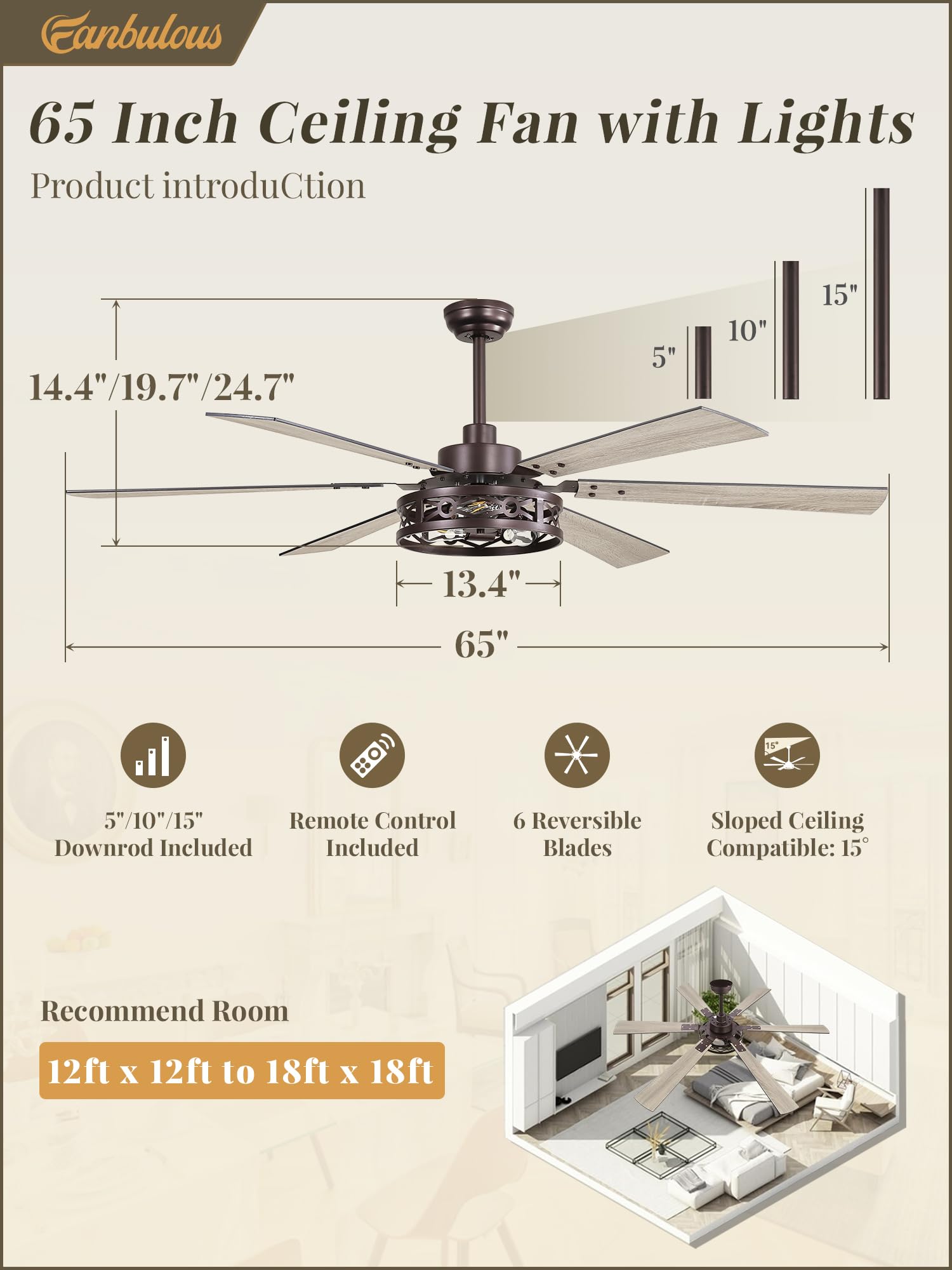 Fanbulous 65 Inch Ceiling Fan With Lights, Farmhouse Caged Ceiling Fans With Remote,Oil Bronze Industrial Ceiling Fans With Quie