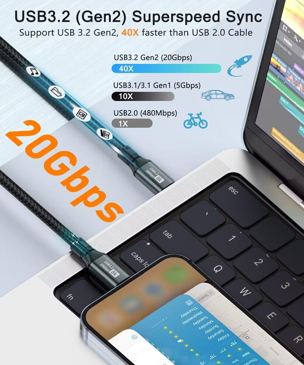 Akwor New Usb C To Usb C Monitor Cable?8K@60Hz, 100W, 20Gbps? Usb C 3.2 Display Cable Thunderbolt 3/4 Compatible, Usb C Charger Cable For Iphone 15/16 Series, Macbook, Ipad Pro/Air And More 3.3Ft