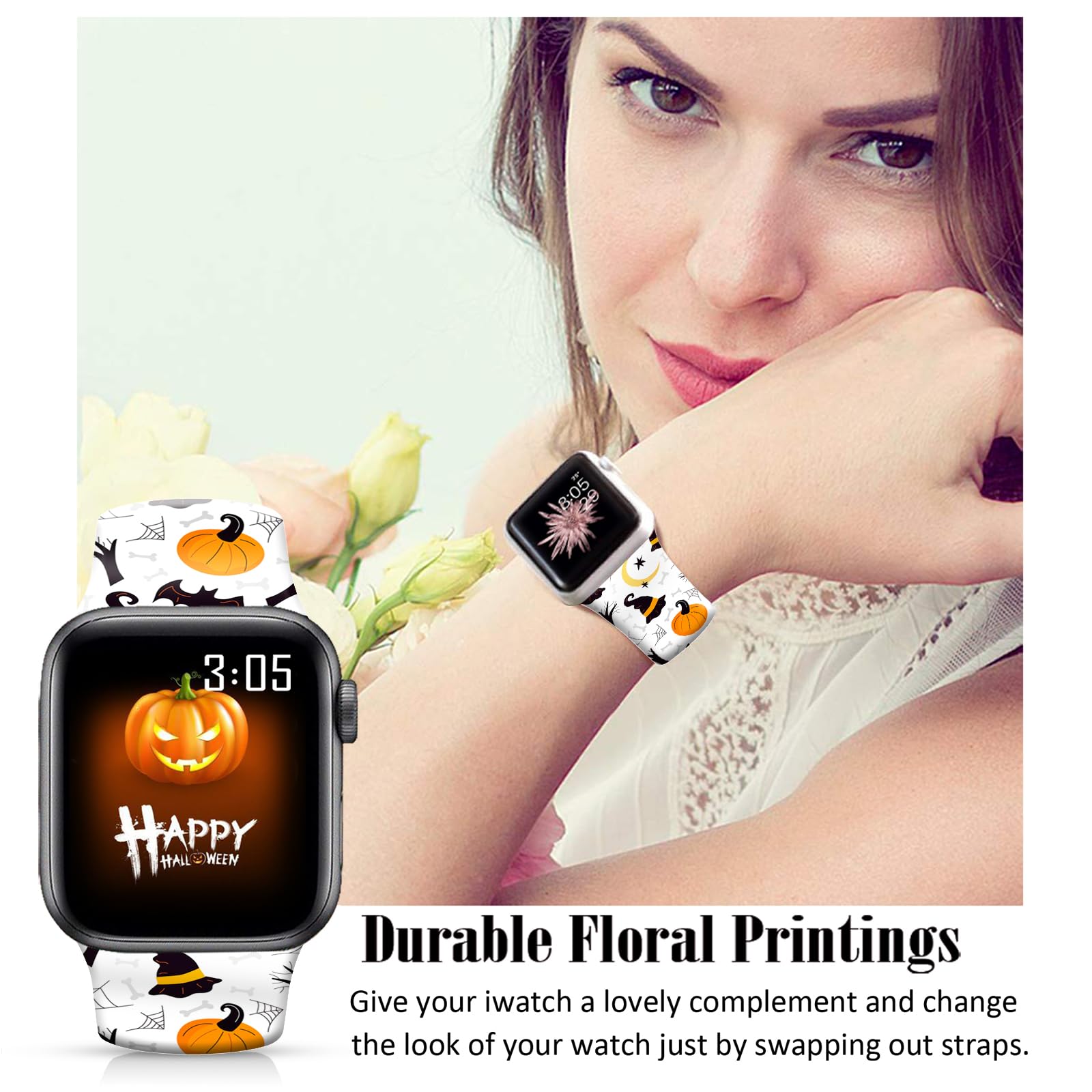 Ftfcase Fall Halloween Floral Silicone Bands Compatible With Apple Watch 49Mm 45Mm 44Mm 42Mm, Pumpkin Witch Hat Flower Sport Str