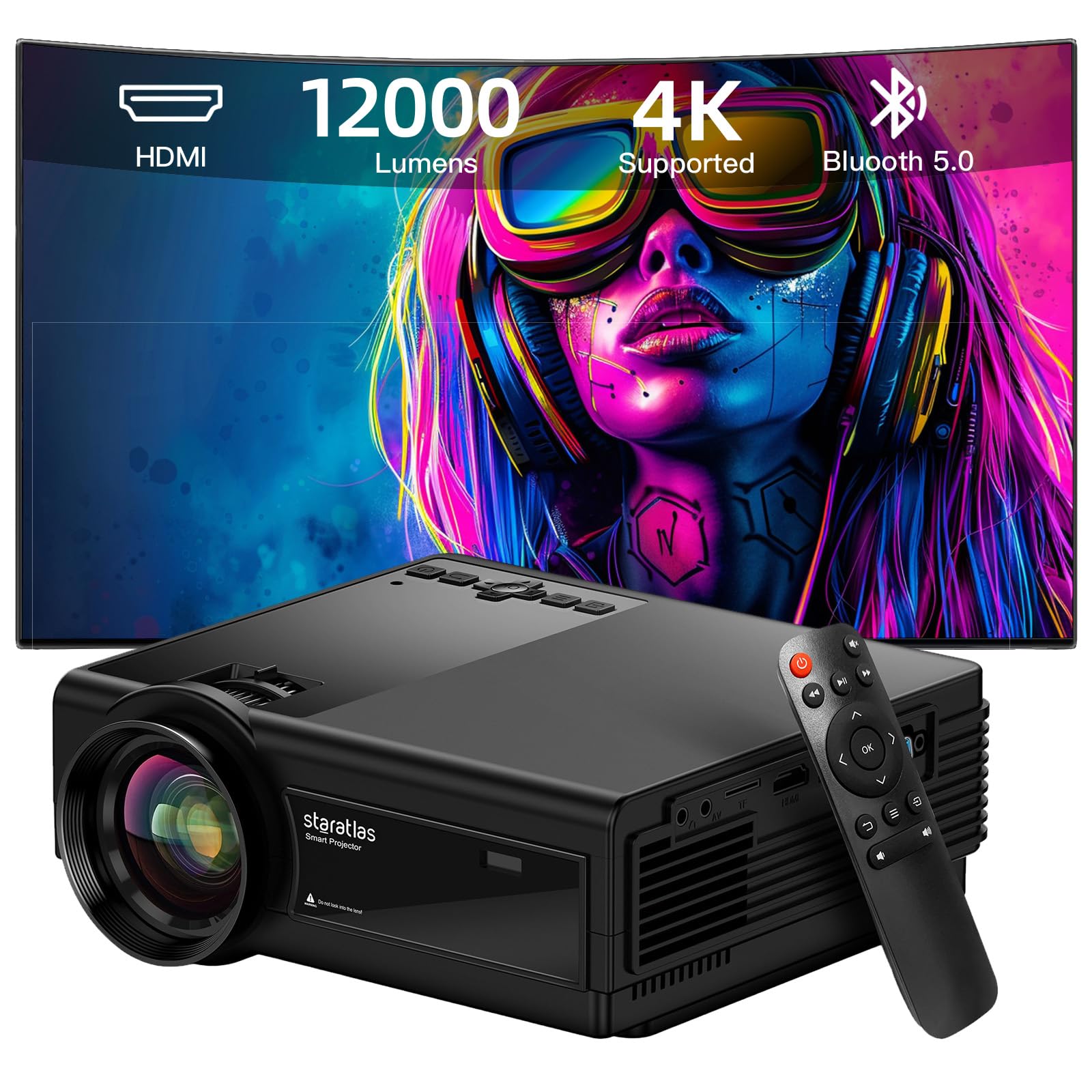 Mini Projector ,5G Wifi Bluetooth Projector,Staratlas 12000L 4K Supported Video Projector, Outdoor Projector With Screen, Home T