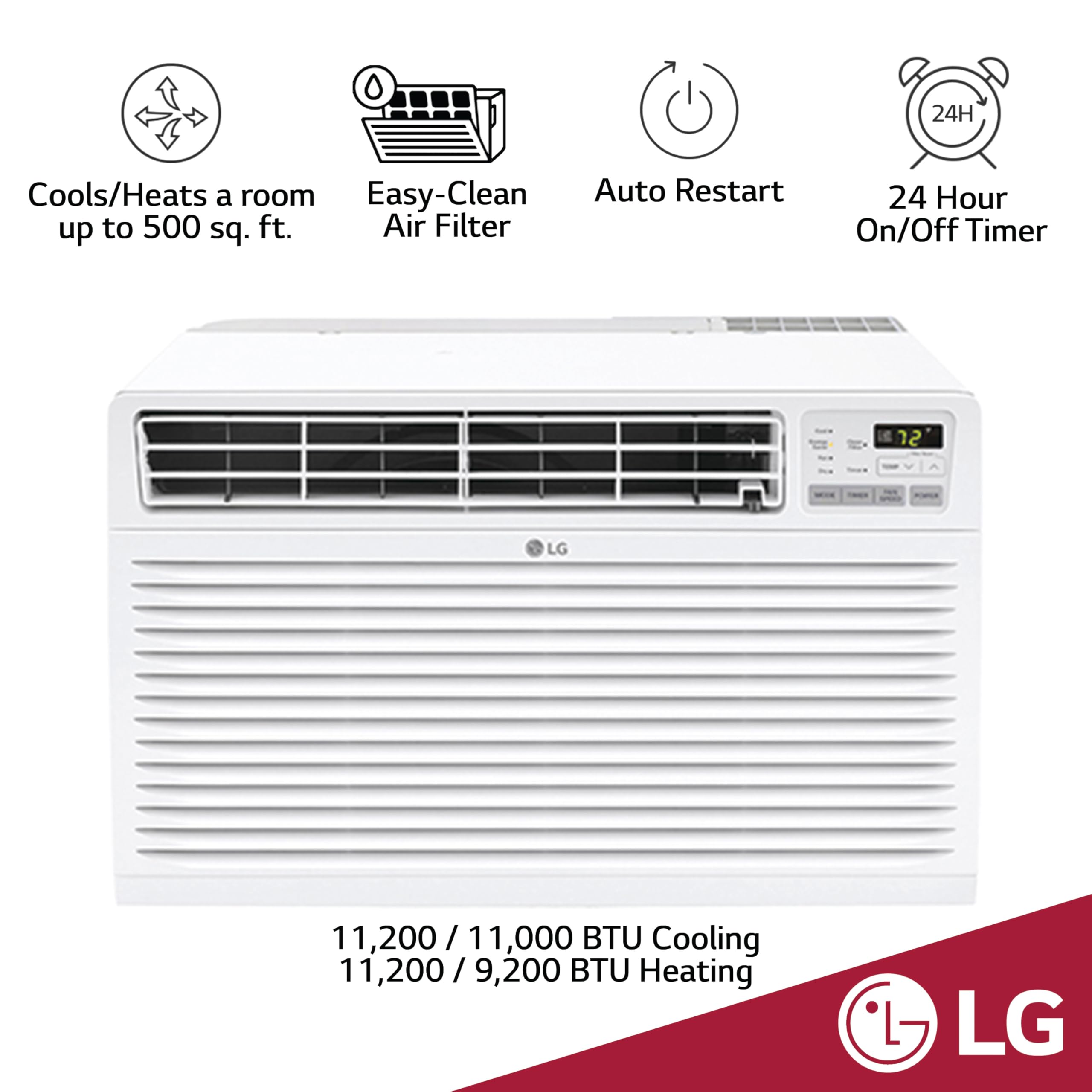Lg 11,200 Btu Through The Wall Air Conditioner, 230/208V, Cools 550 Sq.Ft. For Bedroom, Living Room, Apartment, With Remote, 2 C